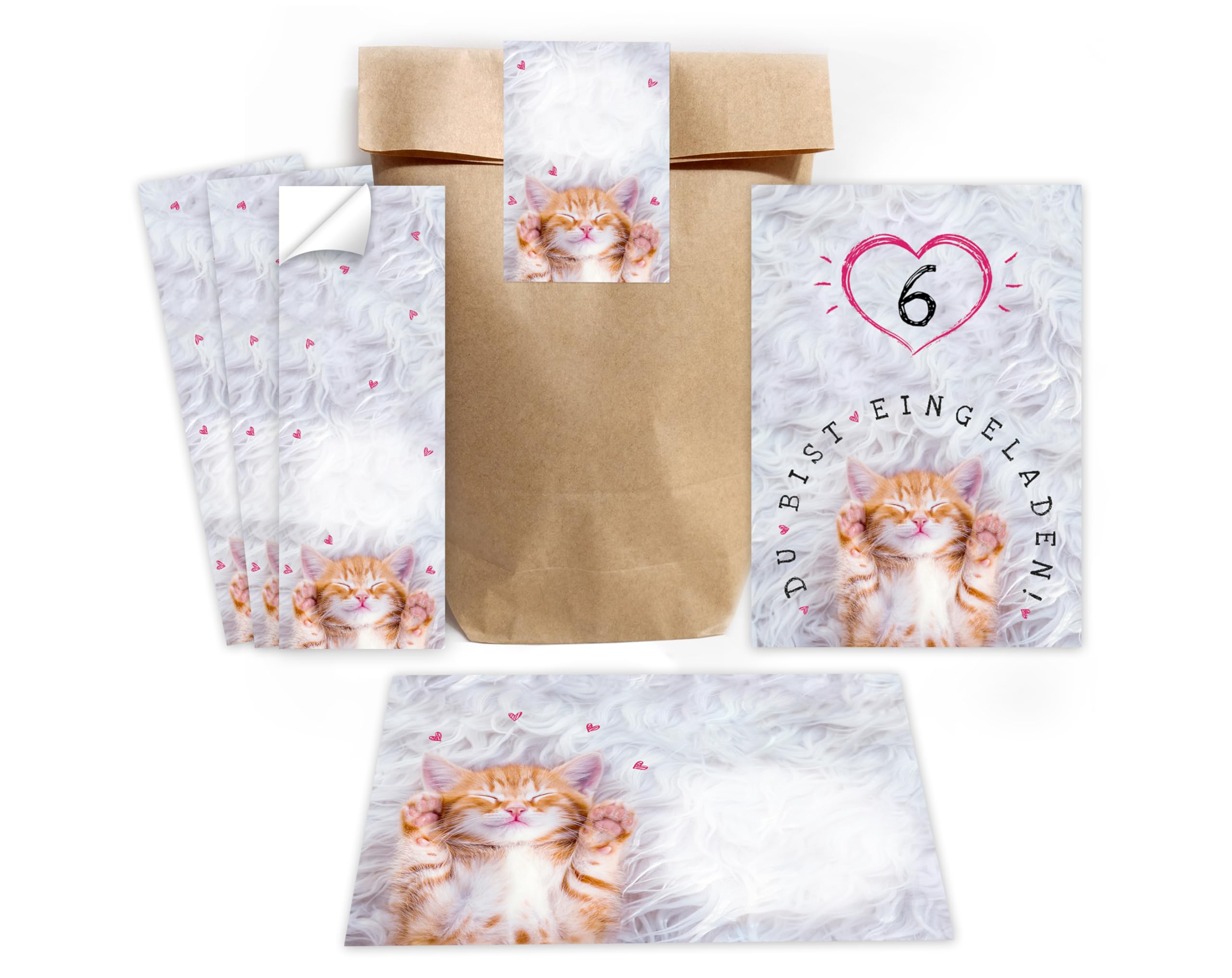 Minkocards 12 Einladungskarten zum 6. Kindergeburtstag Mädchen Katze Einladungen zum sechsten Mädchengeburtstag incl. 12 Umschläge, 12 Partytüten/natur, 12 Aufkleber