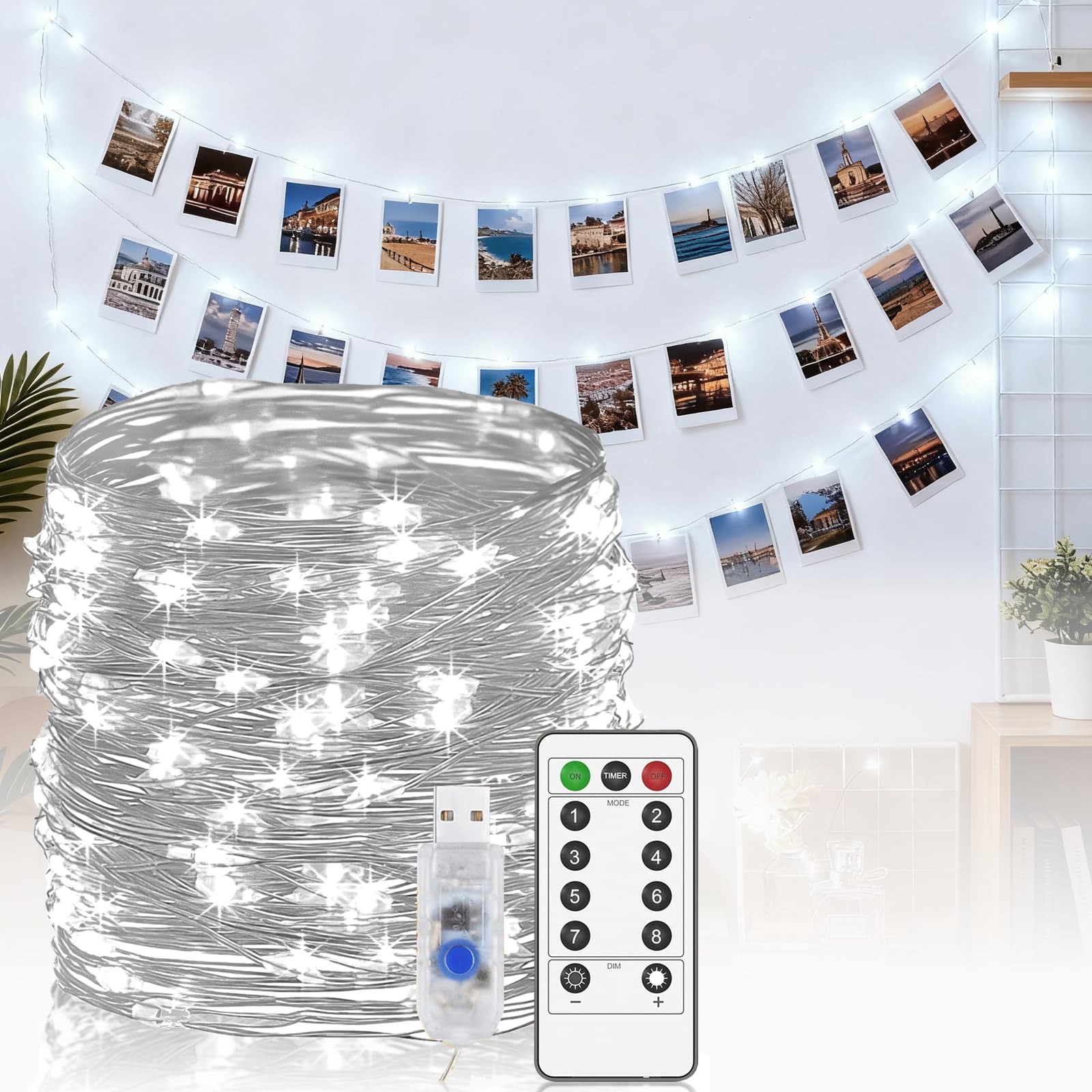 Melofo String Lights, 20m 200LEDs USB Plug-in 8 Modes Copper Wire Fairy Lights Waterproof Twinkle Lighting for Home Bedroom Wedding Decor Party Christmas Tree Decoration Indoor Outdoor Use White — image 1