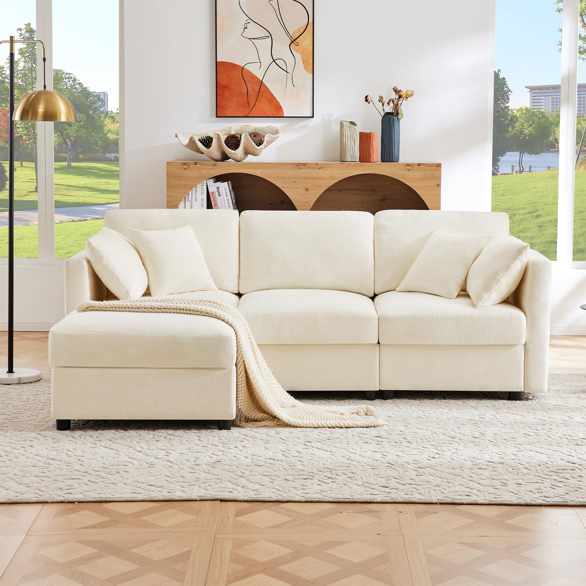 Soweiz Sofá esquinero en forma de L con reposapiés, convertible de 3 plazas, 4 cojines, reposabrazos ajustables, tela de chenilla para salón, oficina o apartamento, 218 x 156,5 x 86 cm, color beige