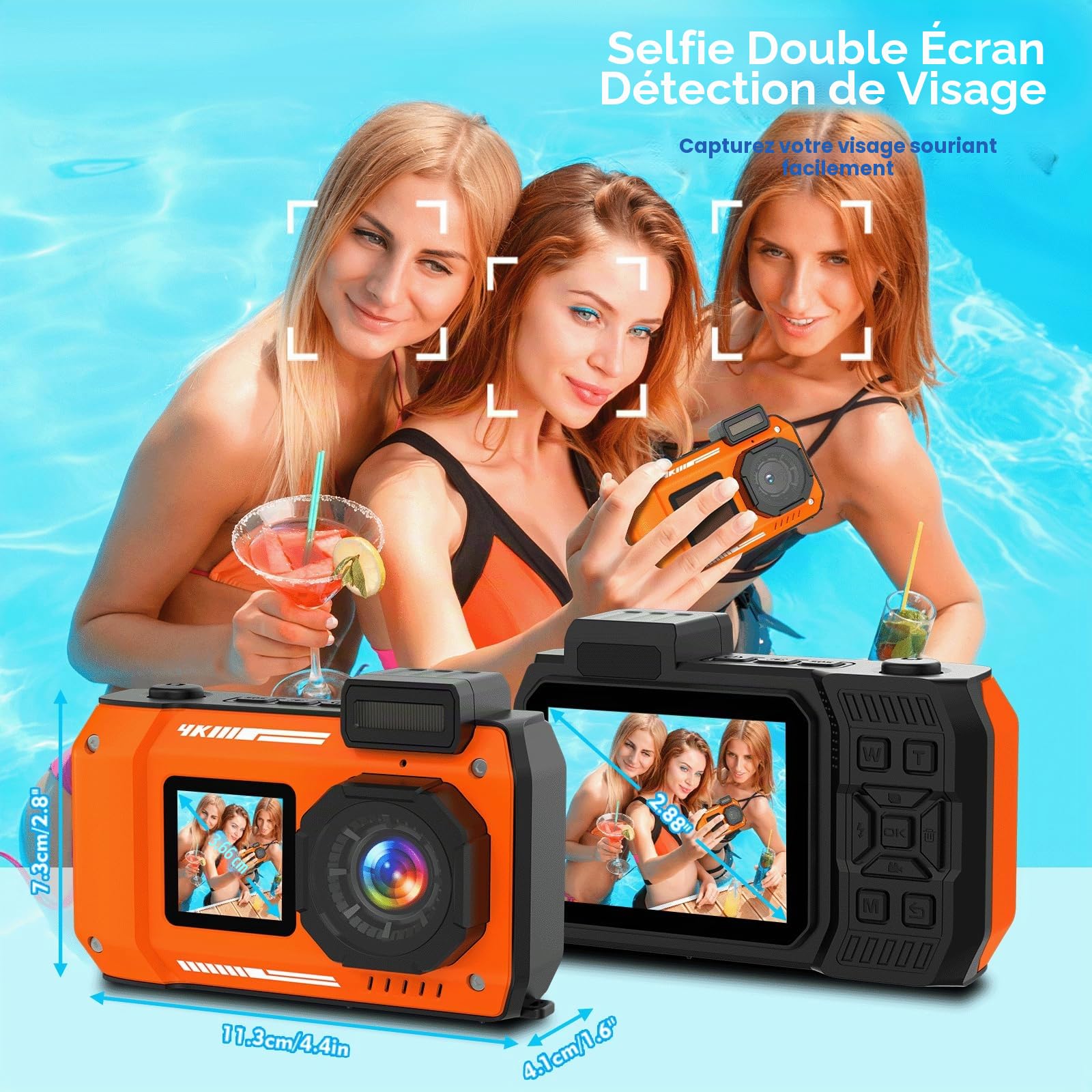 Camera sous-Marine 33FT/10M 4K 48MP Caméra étanche avec Carte 32 Go Double écran Robuste Anti-poussière Antichoc Autofocus Selfie Caméra numérique pour plongée en apnée Sport Voyage (Orange)