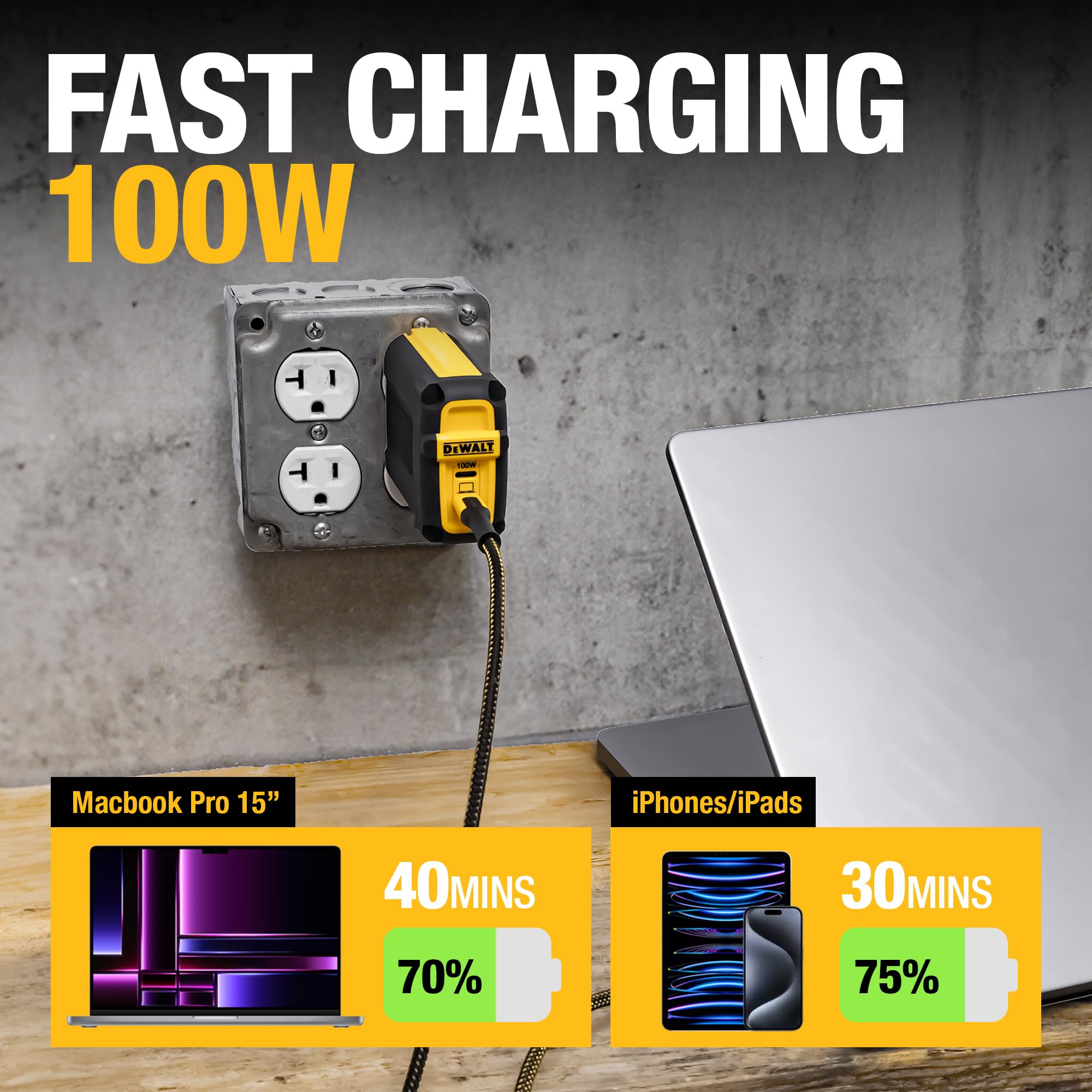 DEWALT Cargador USB C (GAN) de 100 W compacto de 2 puertos para MacBook Pro, MacBook Air, Google Pixelbook, ThinkPad, Dell XPS, iPad Pro, Galaxy S22/S20, iPhone 16/15/14/Pro