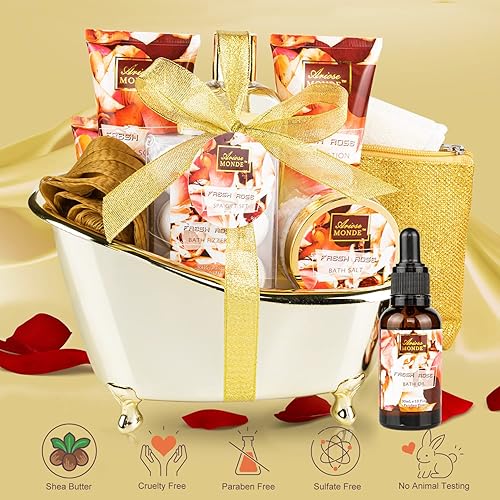 Miniatura 2 de Juego de regalo para baño y cuerpo para mujeres y hombres, 10 cestas de regalo de spa con aroma a rosa fresca, incluye gel de ducha, baño de
