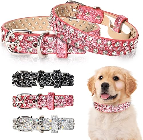 OCTBERSIEG Collar de perro de cuero con diamantes de imitación para perros pequeños, medianos y grandes, cuero de microfibra suave con diamantes