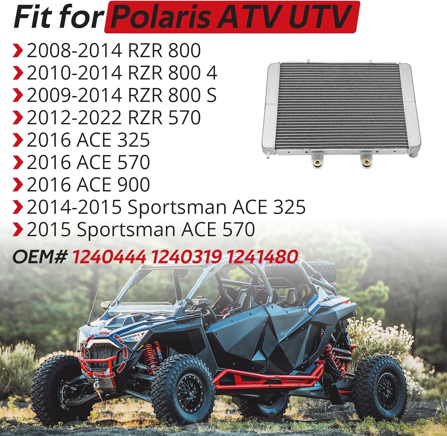 JAVIK Engine Radiator Aluminum Radiator Compatible with Polaris 2008-2022 RZR 800 RZR 570 2014-2016 Sportsman ACE 325 570 900 OEM# 1240444 1240319 1241480