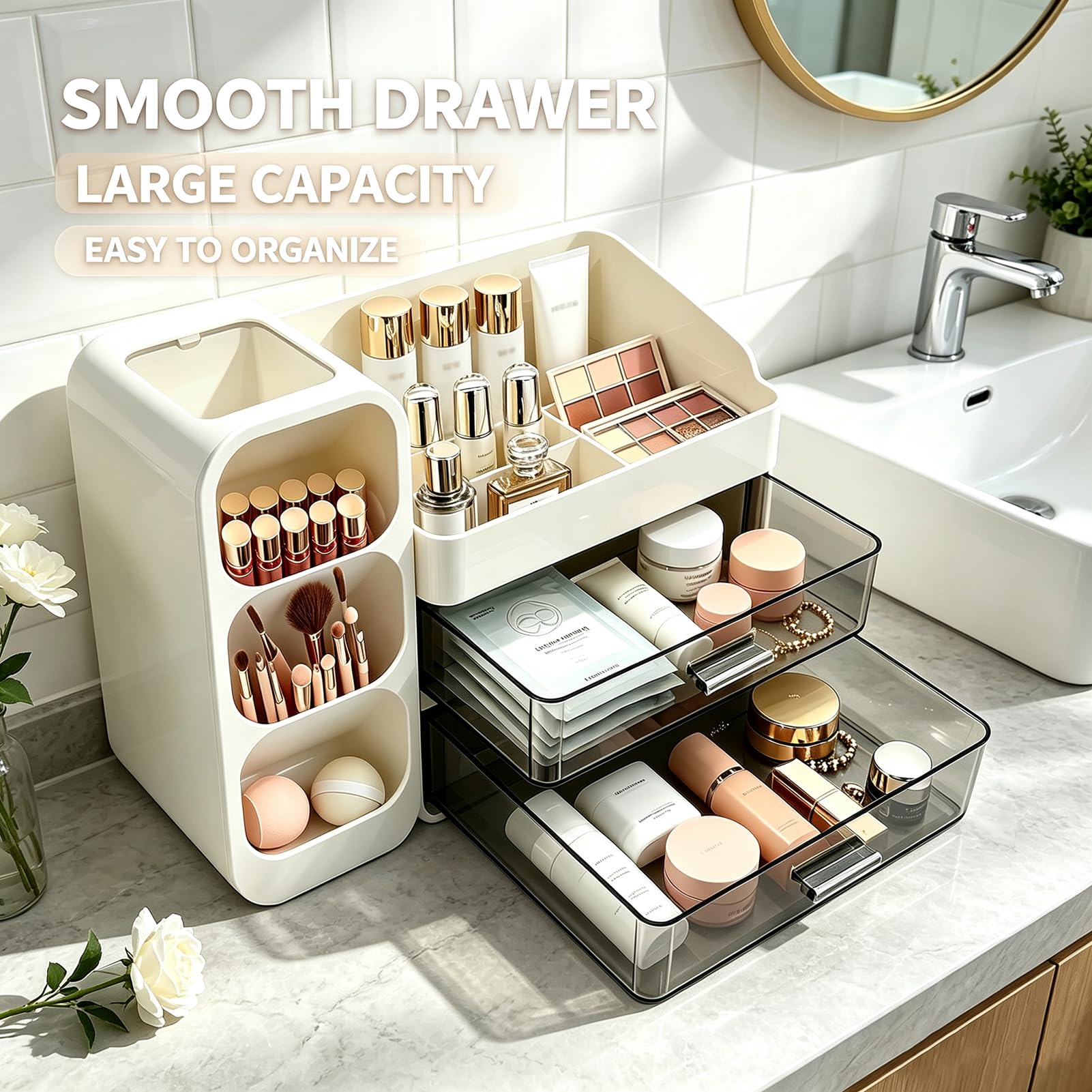 KXF Organiseur de maquillage de grande capacité pour comptoir avec support de pinceaux de maquillage et tiroir pour coiffeuse, matériau épais, organisateur de comptoir de salle de bain, organisateur