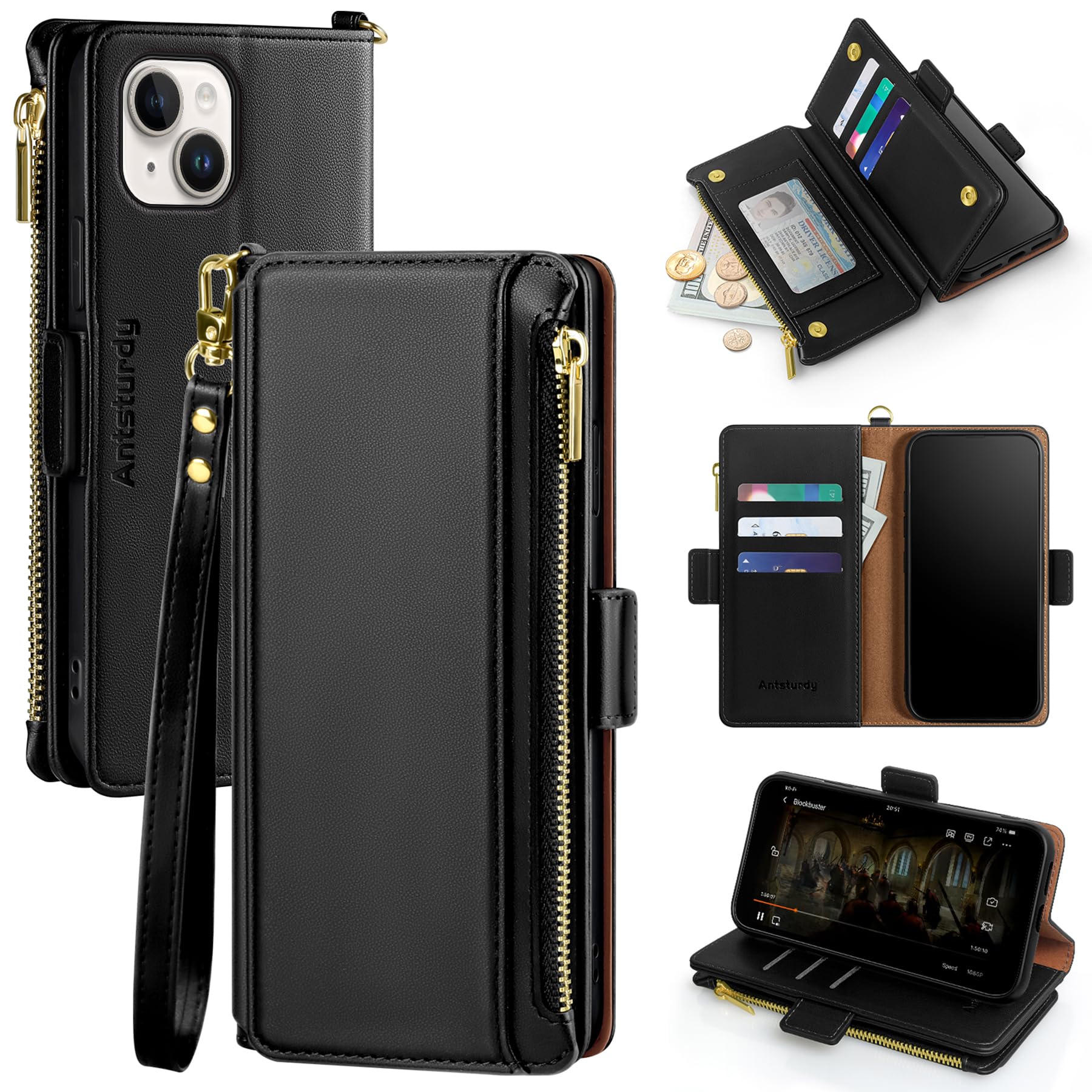 Antsturdy Compatible with iPhone 15 Wallet Case Card Holder【RFID Blocking】 PU Leather Phone Case Women Men flip Protective Cover Wrist Strap Zipper
