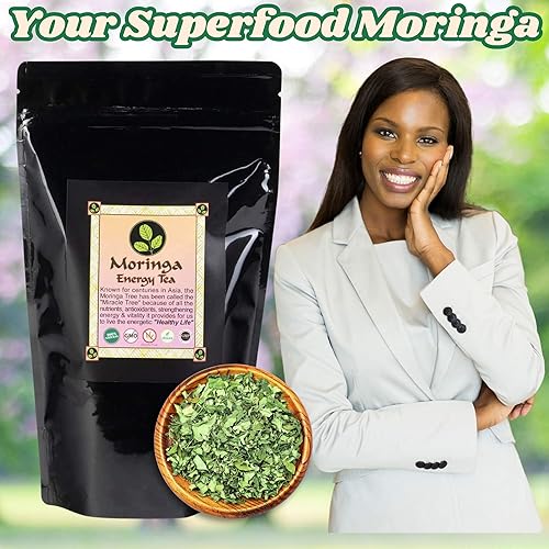 Miniatura 3 de Té energético de moringa hojas sueltas de 8 onzas. Natural, cosechado a mano y recién envasado con hojas de moringa 100% puras.