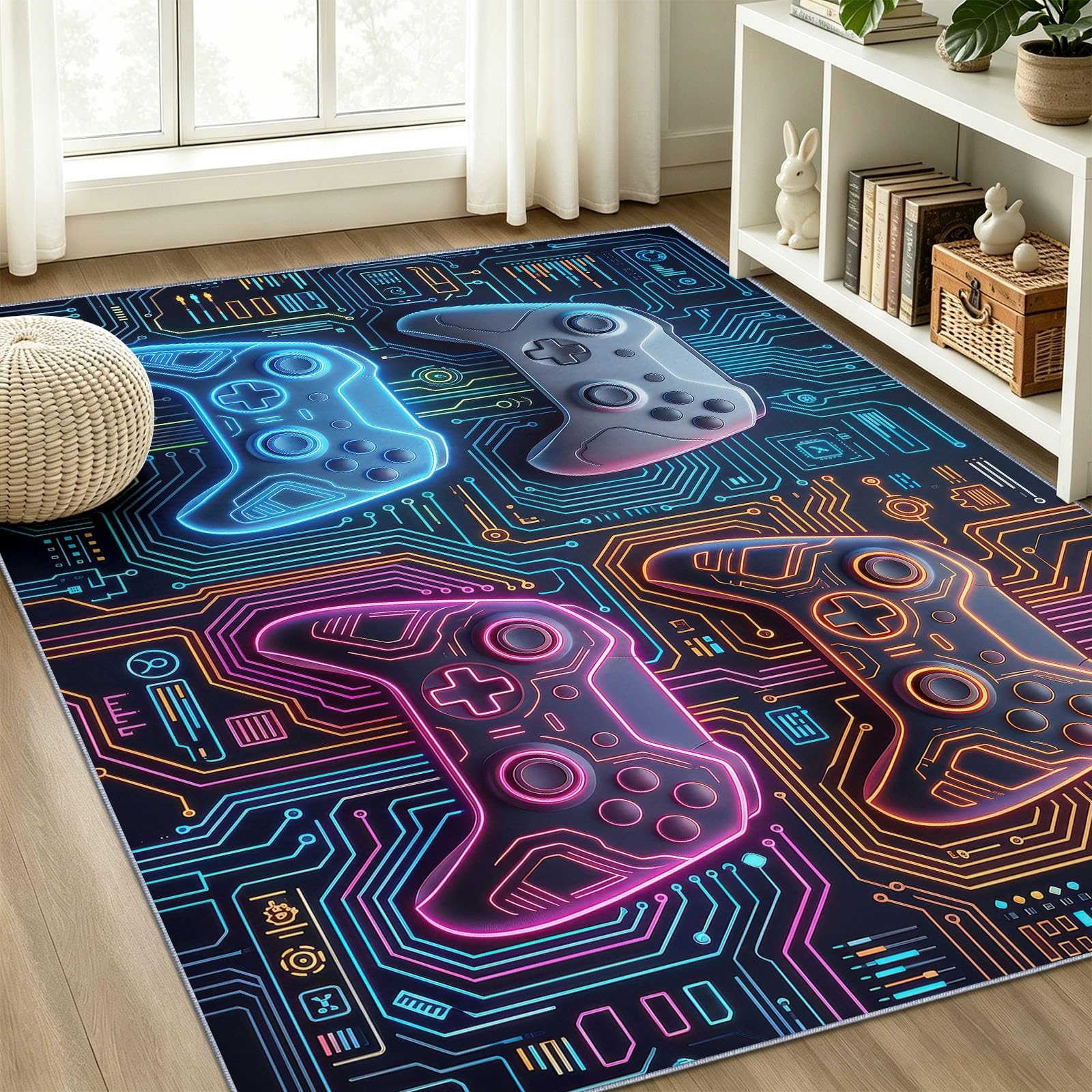 Spiel Mehrfarbig Teppich - Rutschfester Waschbarer Niedriger Flor Teppich für Wohnzimmer, Schlafzimmer, Kinderzimmer, Esszimmer, Büro - Leiterplatte Neon Spielecontroller, 120 x 170 cm
