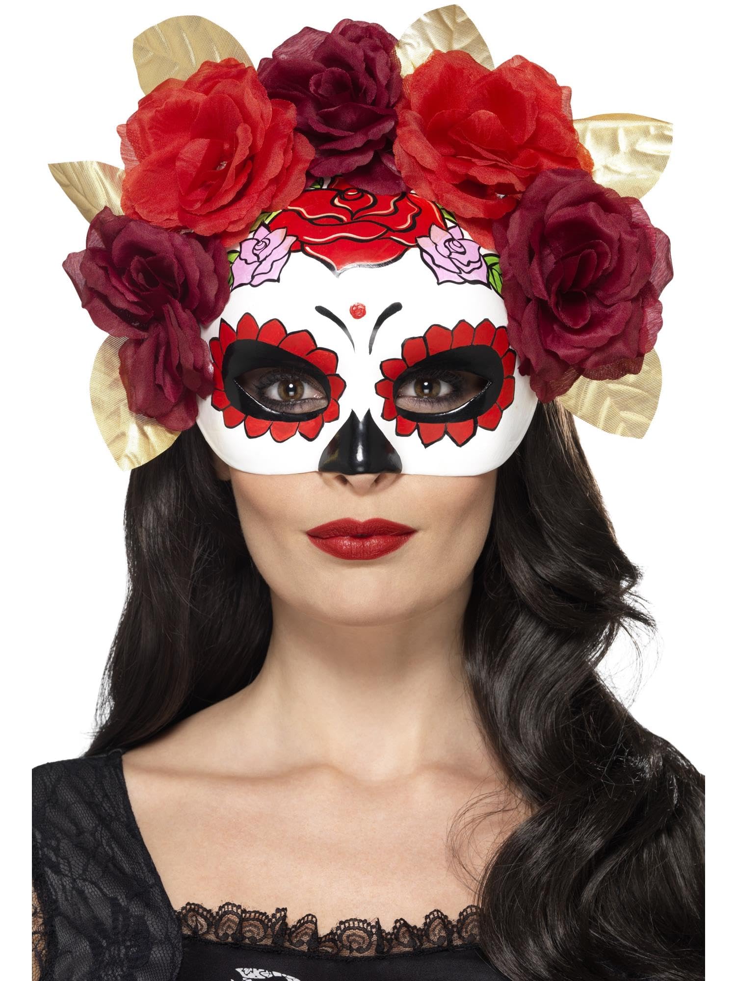 Smiffys Day of the Dead Rose Eyemask, Red , Eyemasks Fancy Dress, Adult Dress Up Eye masks