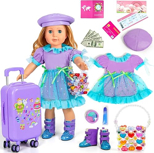 Miniatura 8 de WONDOLL Ropa y accesorios para muñecas de 18 pulgadas  Maleta de viaje para muñecas, ropa y zapatos, bolsa, gafas de sol, cámara, pasaporte,