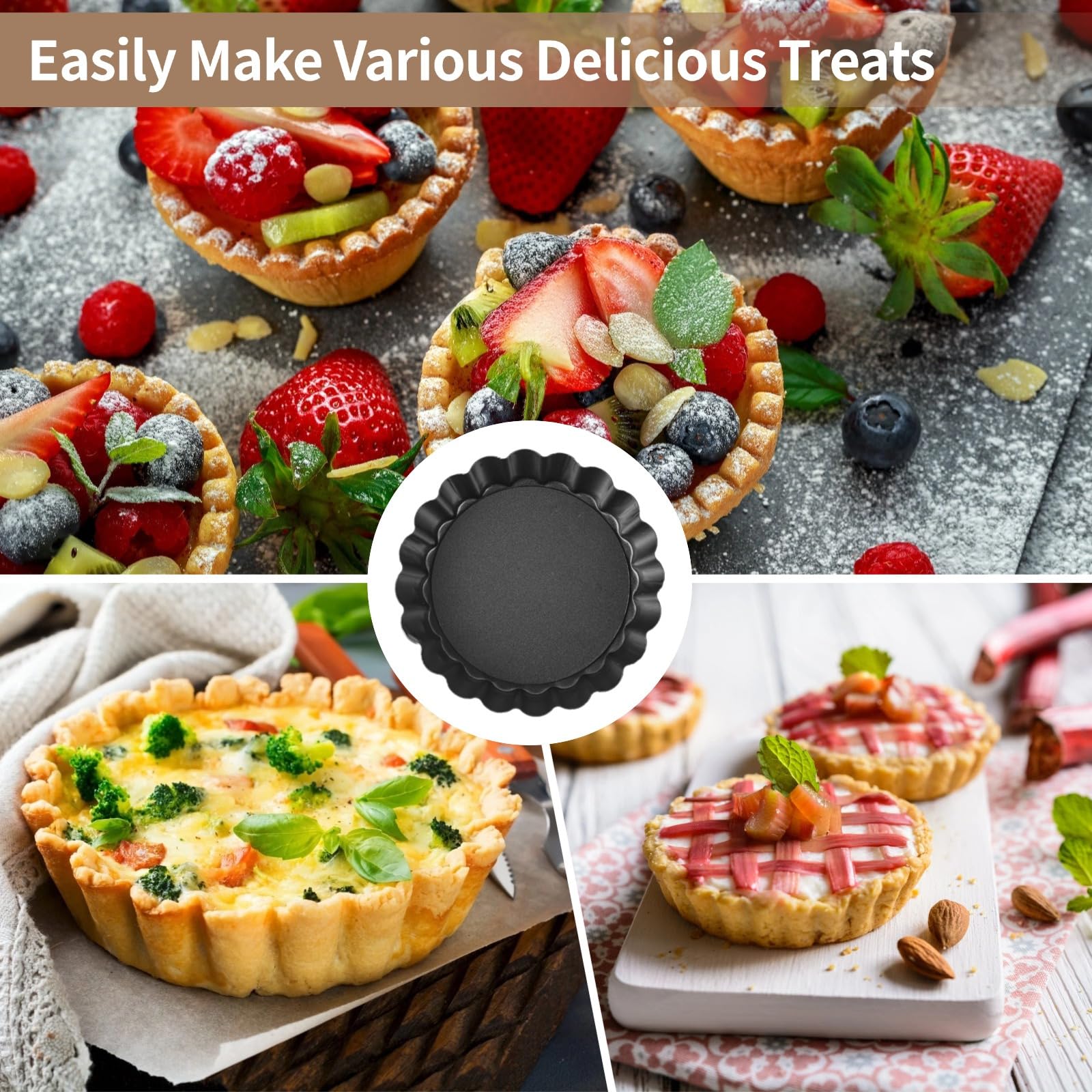 Set di 16 mini teglie per crostate, stampi rotondi da 3,9 con fondo rimovibile, antiaderenti, scanalati, stampi per quiche, mousse e torte, stampi per pizza