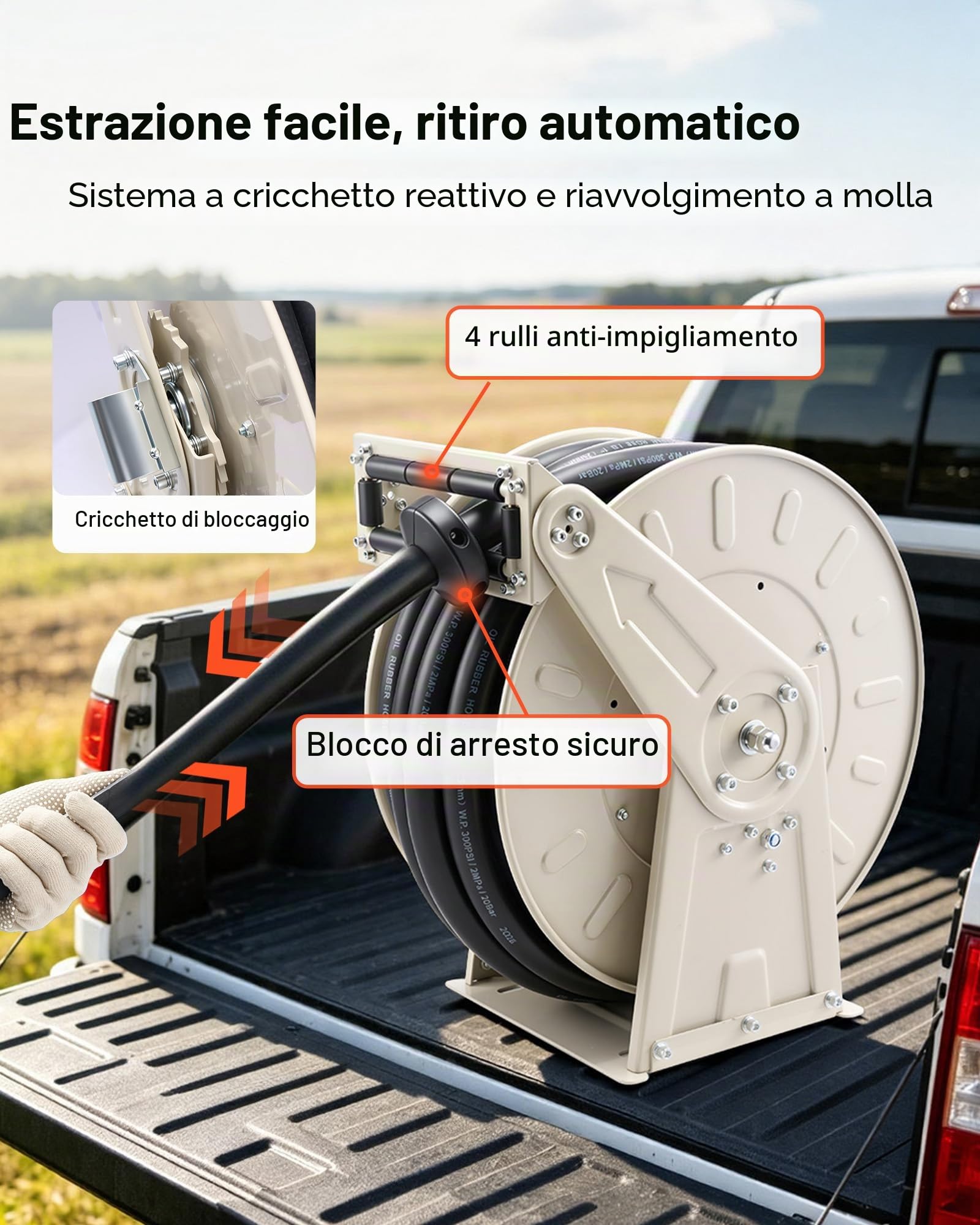 VEVOR Avvolgitubo Carburante, 1" x 50', Avvolgitubo Diesel Retrattile, Costruzione in Acciaio al Carbonio con Ugello Carburante, Tubo in Gomma NBR per Camion Cisterna Veicoli Nave Aereo 300PSI