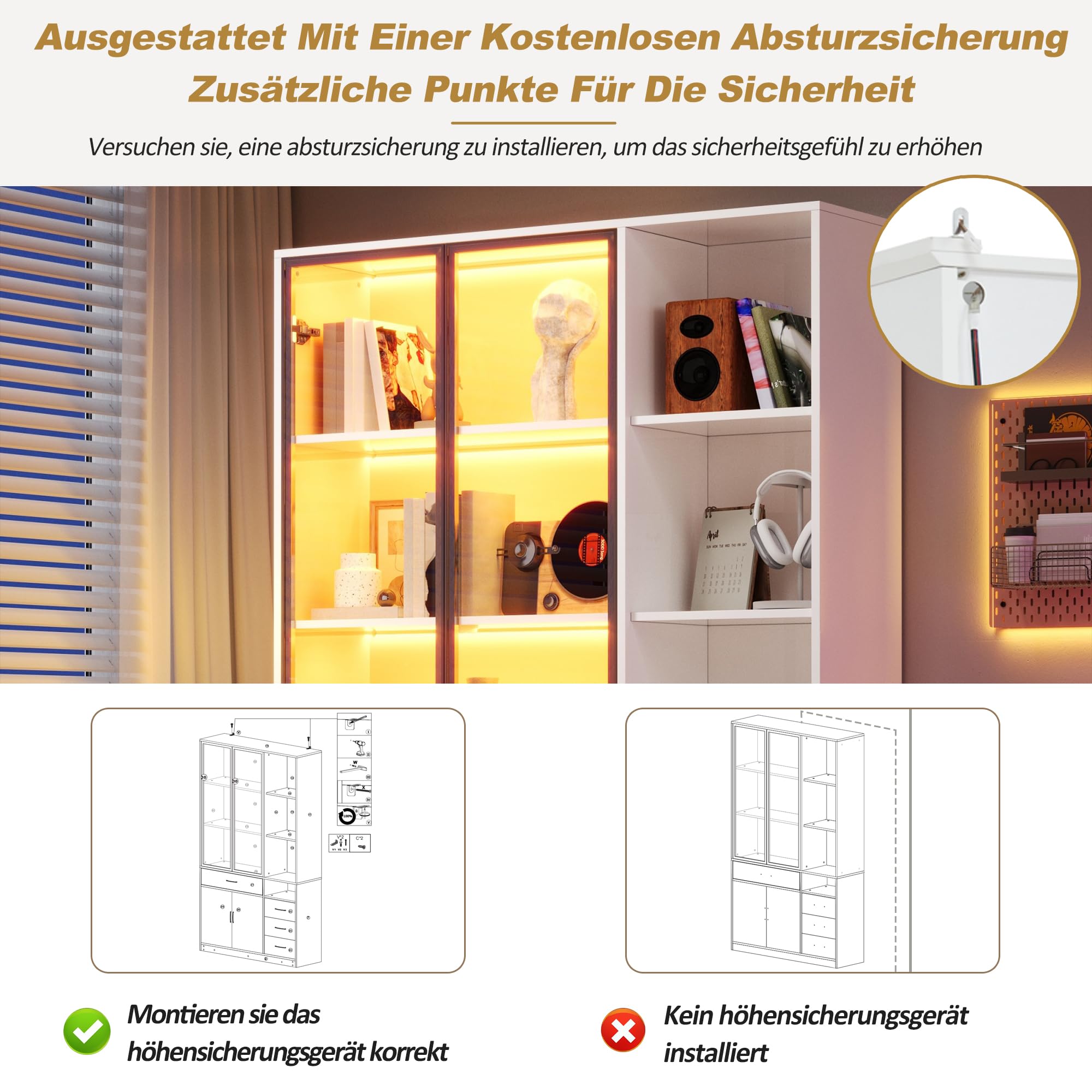 Armadietto alto con vetrina in vetro e LED, 120 x 35 x 200 cm, libreria bianca con 13 scomparti, 4 cassetti e ante, vetrine, adatto per sala da pranzo e soggiorno