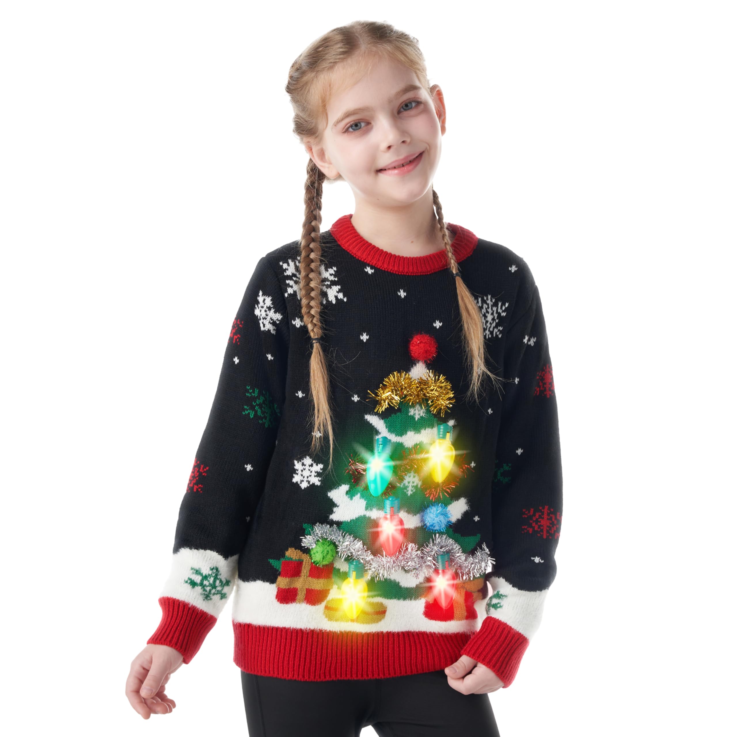 Giggling Getup Black And Green Ugly Christmas Sweater For Kids, Led Light Up Christmas Tree Pullover, Holiday Knitwear For Kids-Medium(8-10Y) Black