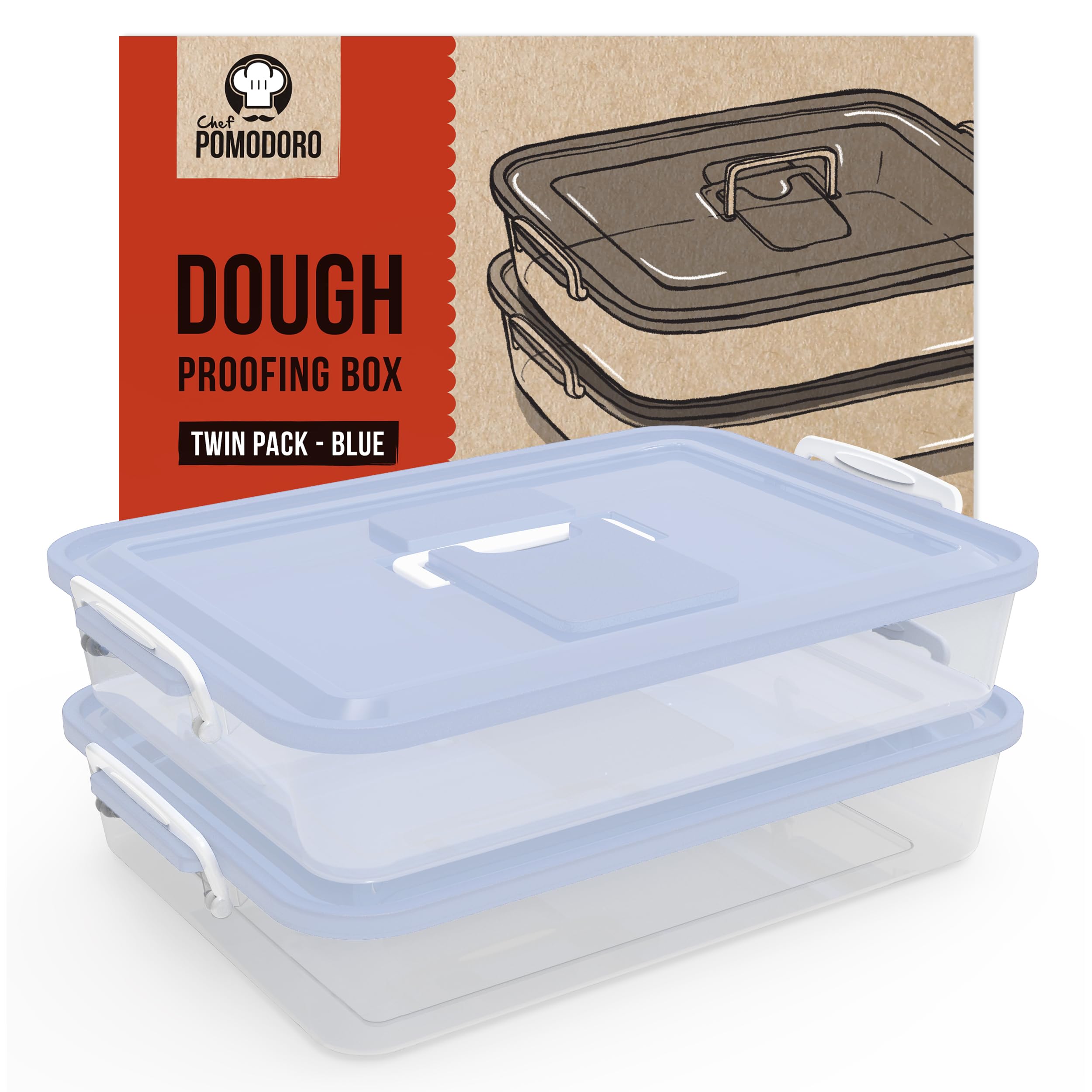 Chef Pomodoro Pudełko na kule do pizzy z pokrywką, 35,6 x 27,9 cm (niebieskie, 2 sztuki) | Pudełko fermentacyjne z tworzywa sztucznego do przechowywania ciasta na pizzę i chleba