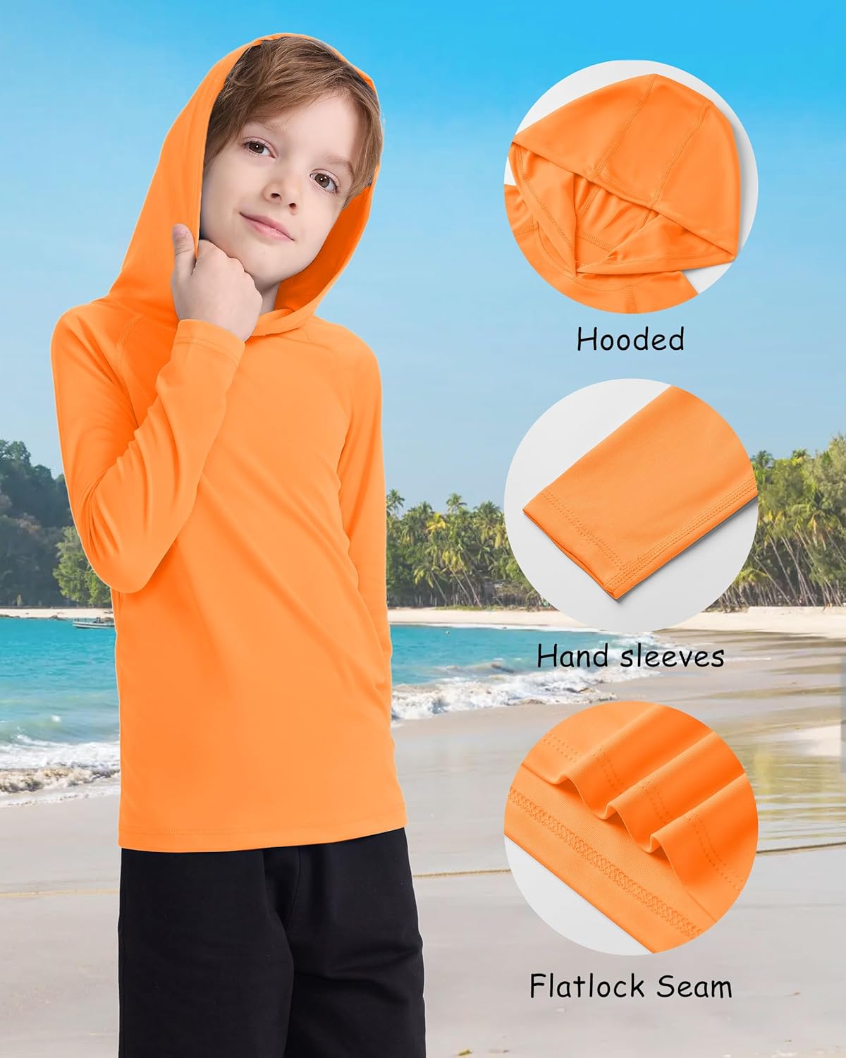Boys' UPF 50+ Rash Guard Long Sleeve, Youth Kids UV Sun Protection SPF Swim Hoodie, Girls Water Fishing Beach Hooded Shirt - Image 3