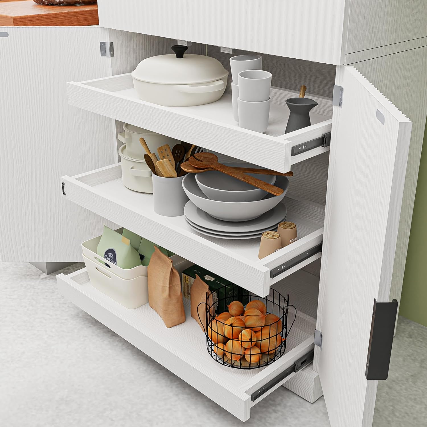 Ball & Cast 72" Tall Kitchen Pantry Cabinet with 2-Tier Larger Cabinets and 6 Door Shelves Adjustable,Freestanding Cupboard Cabinets W/ 3 Keyboard Drawers,for Kitchen,Dining Room,White