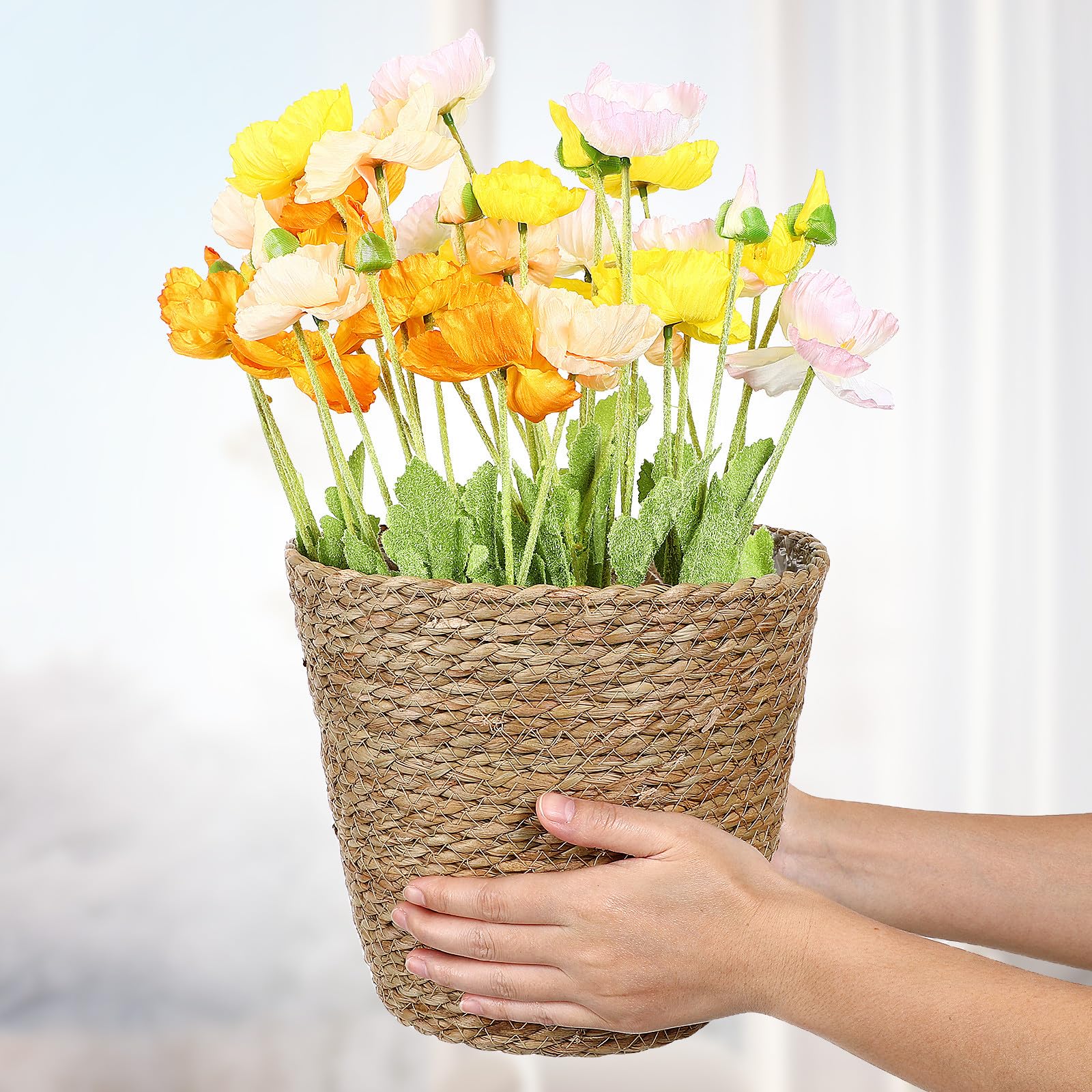 Fioriera Intrecciata in Paglia Fodera, Cesto Porta Piante da Interno, Contenitore Decorativo per Feste e Uso Quotidiano in Casa o Ufficio, Leggero e Pratico