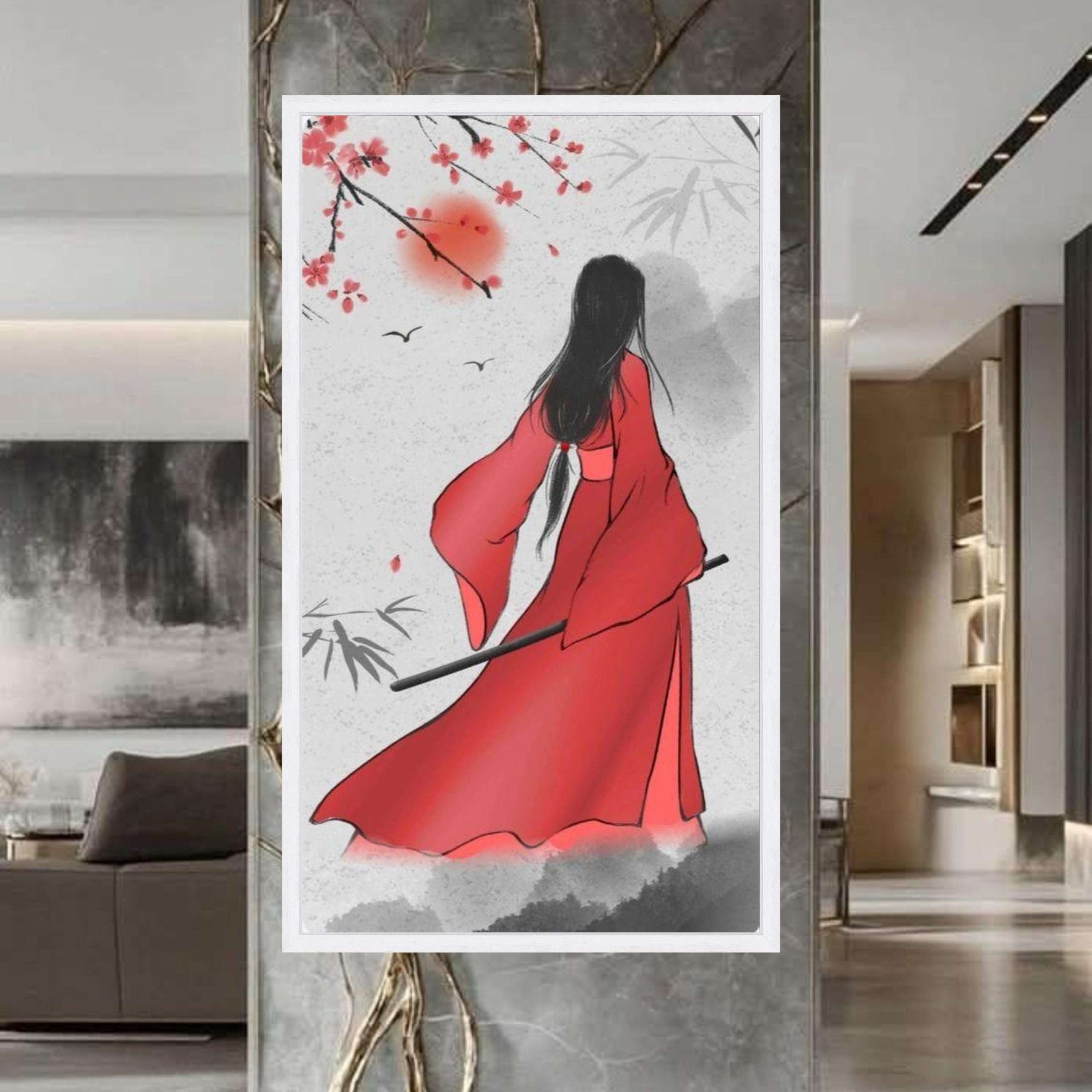 LMYCHENG Damskie płótno vintage czerwone kimono kwiat wiśni plakat kulturowy obraz na płótnie wydruki na płótnie obraz kobiecej figury (80 x 140 cm/rama wewnętrzna)
