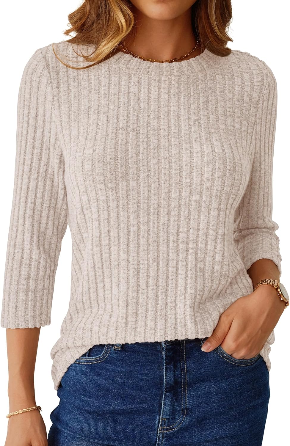 NORACORA Womens 3/4 Sleeve Sweater Tops Round Neck Tunic Blouses Dressy Pullover T Shirts for Business Casual Work - Image 3