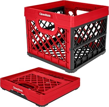 CleverMade Plastic Collapsible Milk Crate - 25L 1" Red - Stackable Storage Bin Holds 50 Lbs Per Box - Clever Crate is a Heavy Duty Collapsible Storage Crate for Multi-Purpose Use