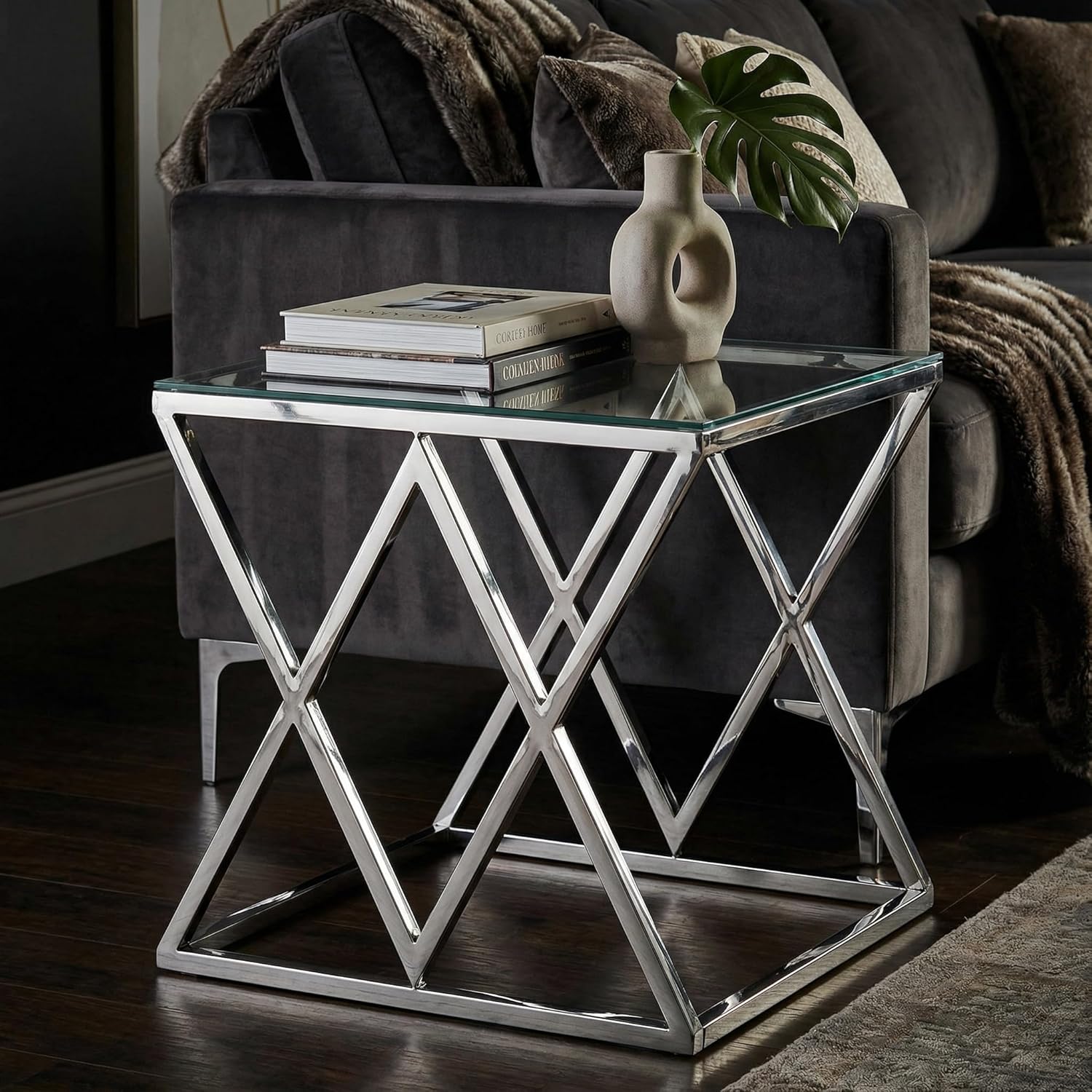 Cortesi Home Gwen Contemporary Glass End Table, 21.75", Silver