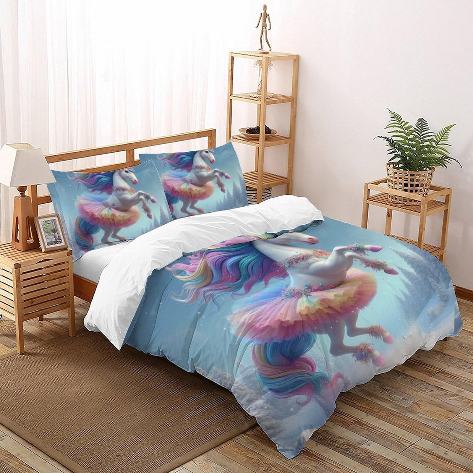 Housse de couette King cheval arc-en-ciel avec 2 taies d'oreiller lit fille