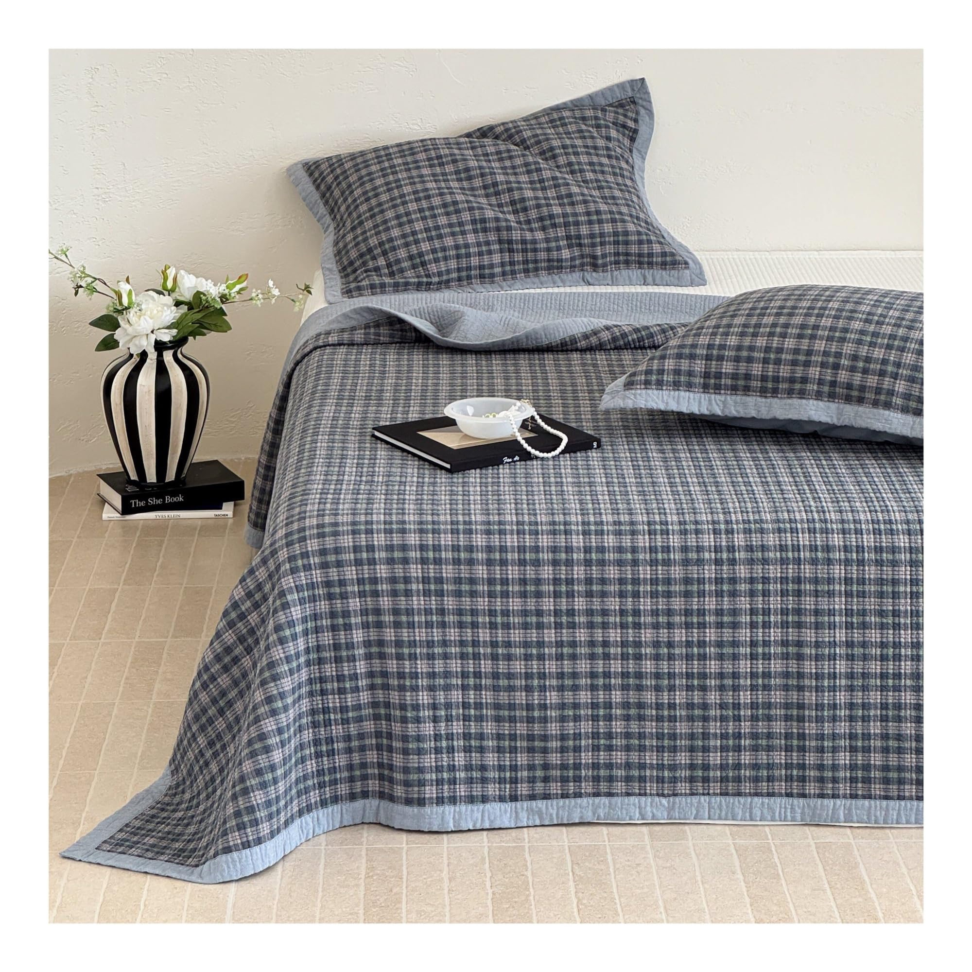 GBHMJU Queen Bedspread Plaid Pattern Quilt Set Elegant Style Bedding Coverlets Reversible Lightweight 3 Piece for All Seasons(Blue,230x250cm+48x74cm x2)