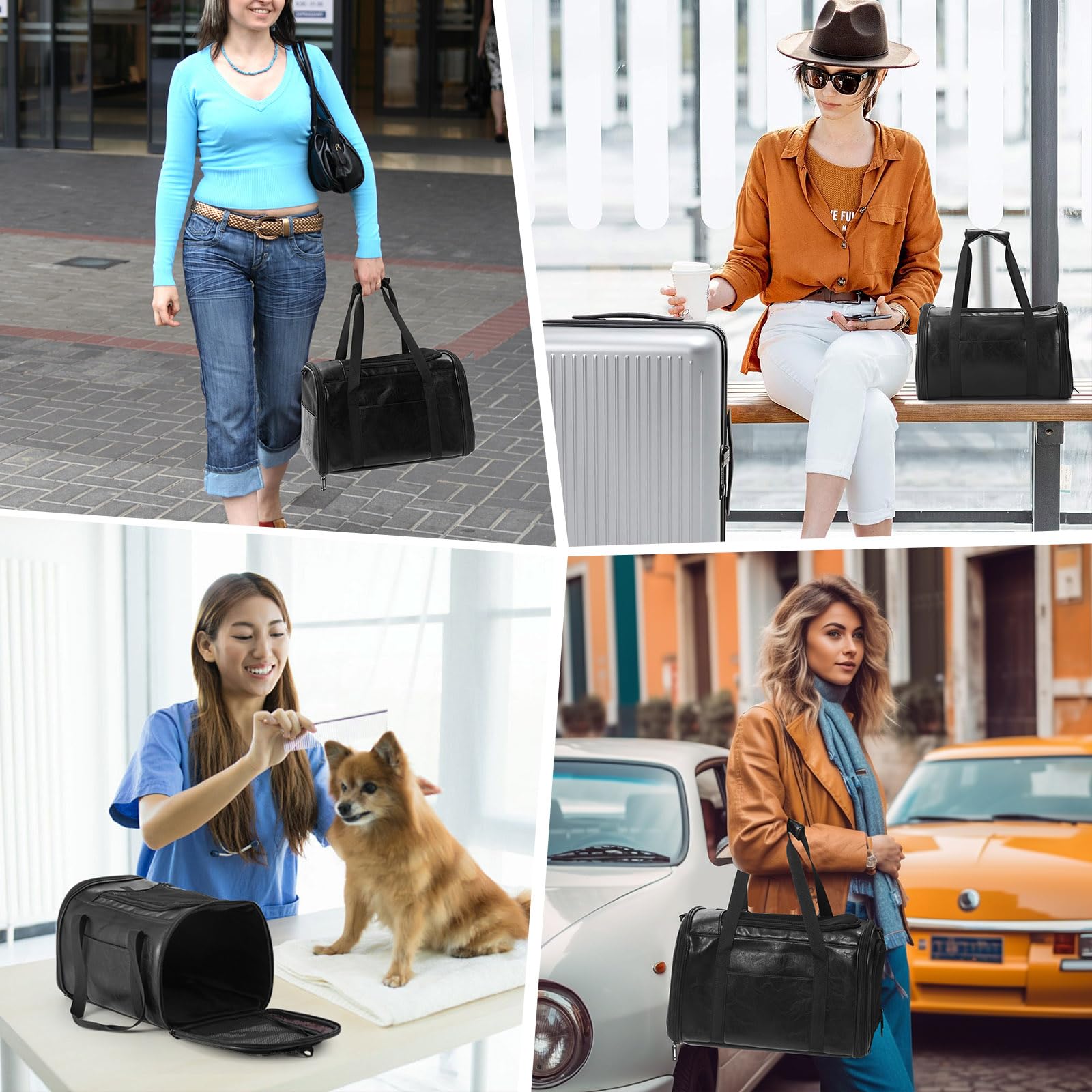 Lasaviin Modische Hundetragetasche aus Leder, von Fluggesellschaften zugelassen, für kleine, mittelgroße Hunde, Katzen unter 6,8 kg, zusammenklappbar, weiche Seiten, Reise-Welpentrage