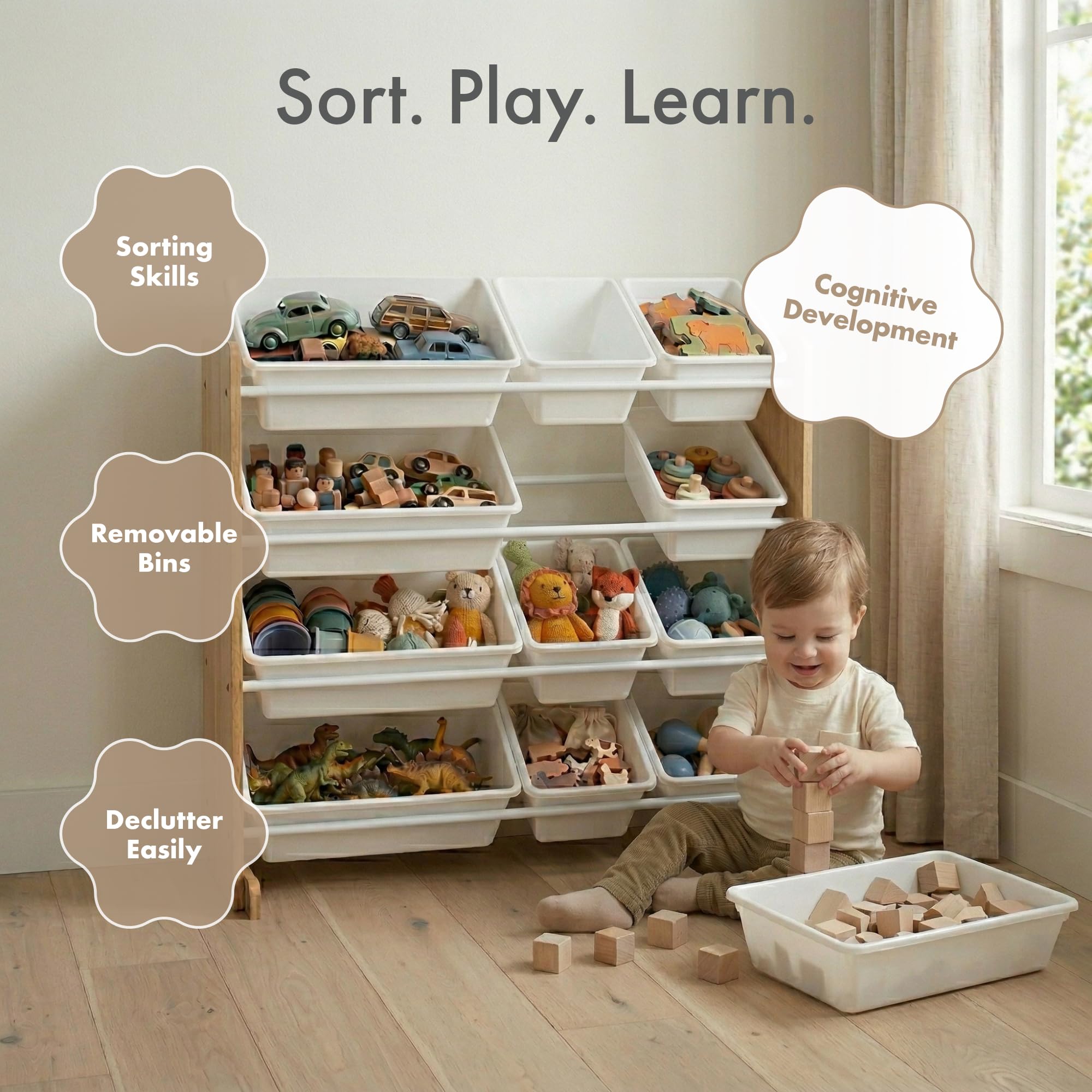 Humble Crew WO70526 Estantería para Niños - Estantería Organizadora para Juguetes con 12 Cajas de Almacenamiento, Natural/Blanco