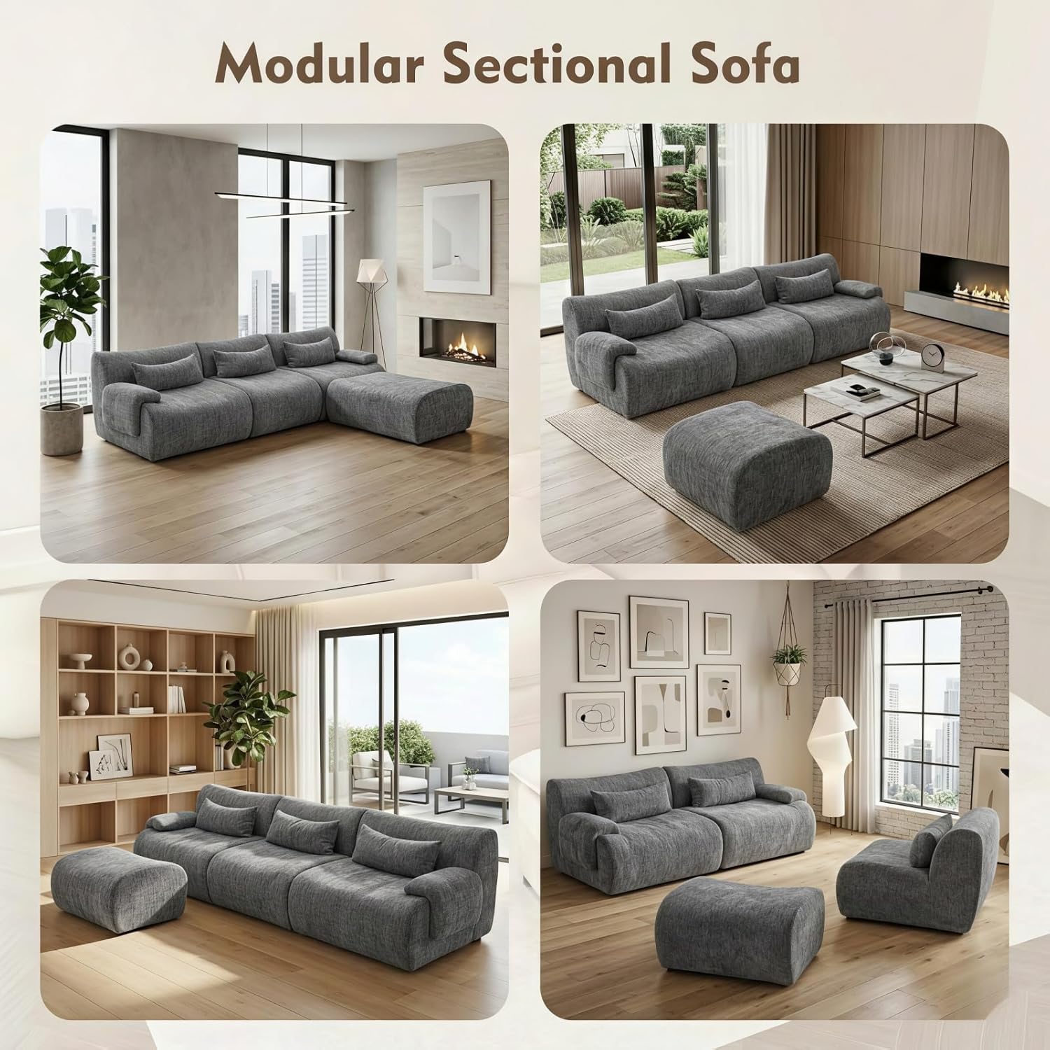 Dreamzie 117" Cloud Sofa Sectional, L-Shaped Boneless Couch with Movable Ottoman, Oversized Deep Seats, Modular Couch for Living Room, No Assembly, Gray Chenille