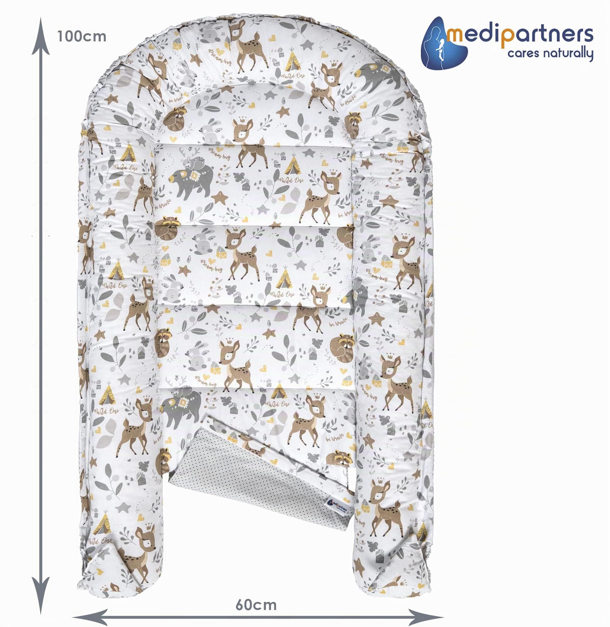 Medi Partners Reducteur de Lit Bebe - Réducteur Bébé 100x60x15cm 5 éléments Cocon et Naissance Nid d'ange bilatéral Cale 100% Coton Minky (Cerf avec Minky Gris)