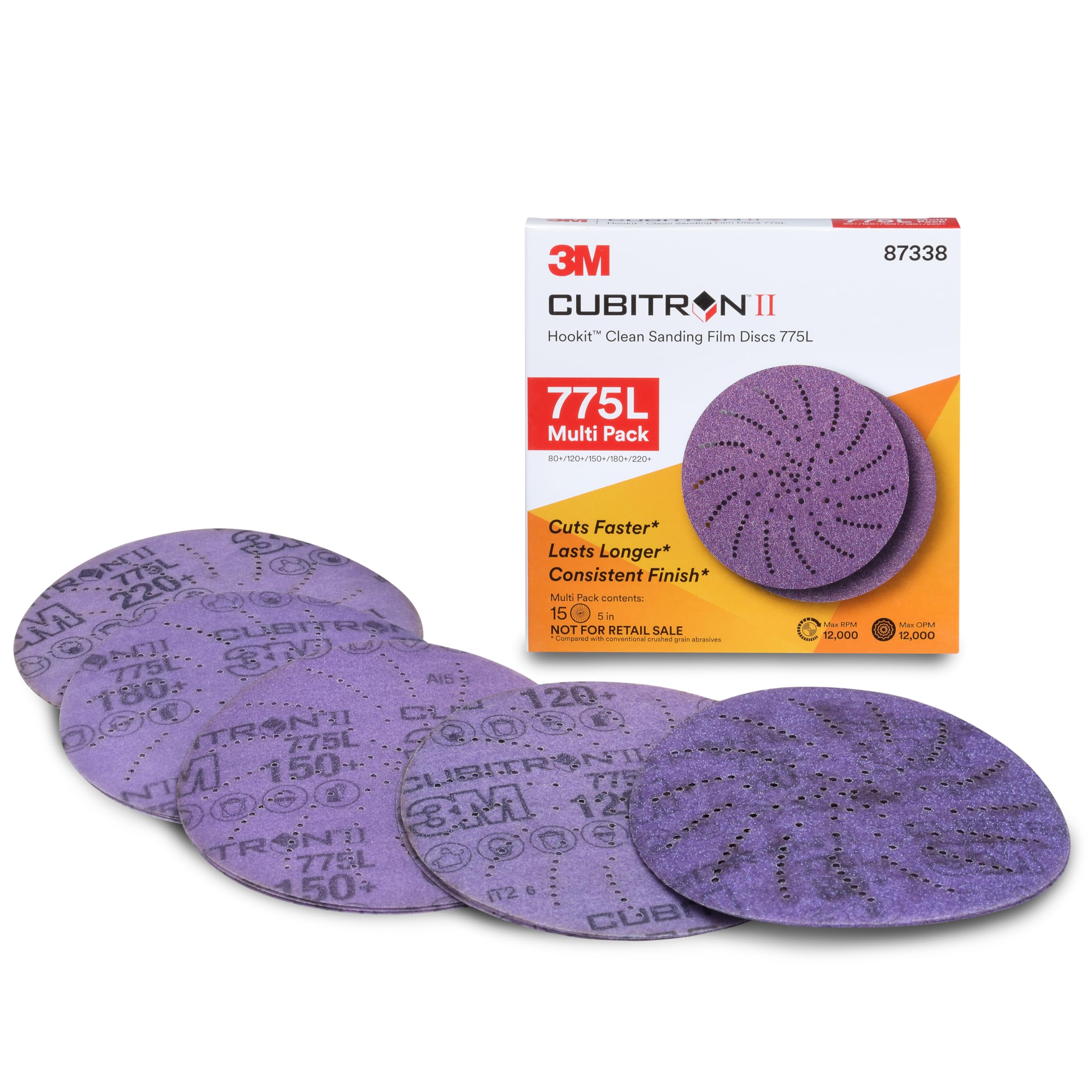 3M Xtract Cubitron II Film Disc, 775L, 87338, Multi-Grade 80+, 220+ 3MIL | 5 in, Multi-pack, 6 in, 15 Piece Hook and Loop S
