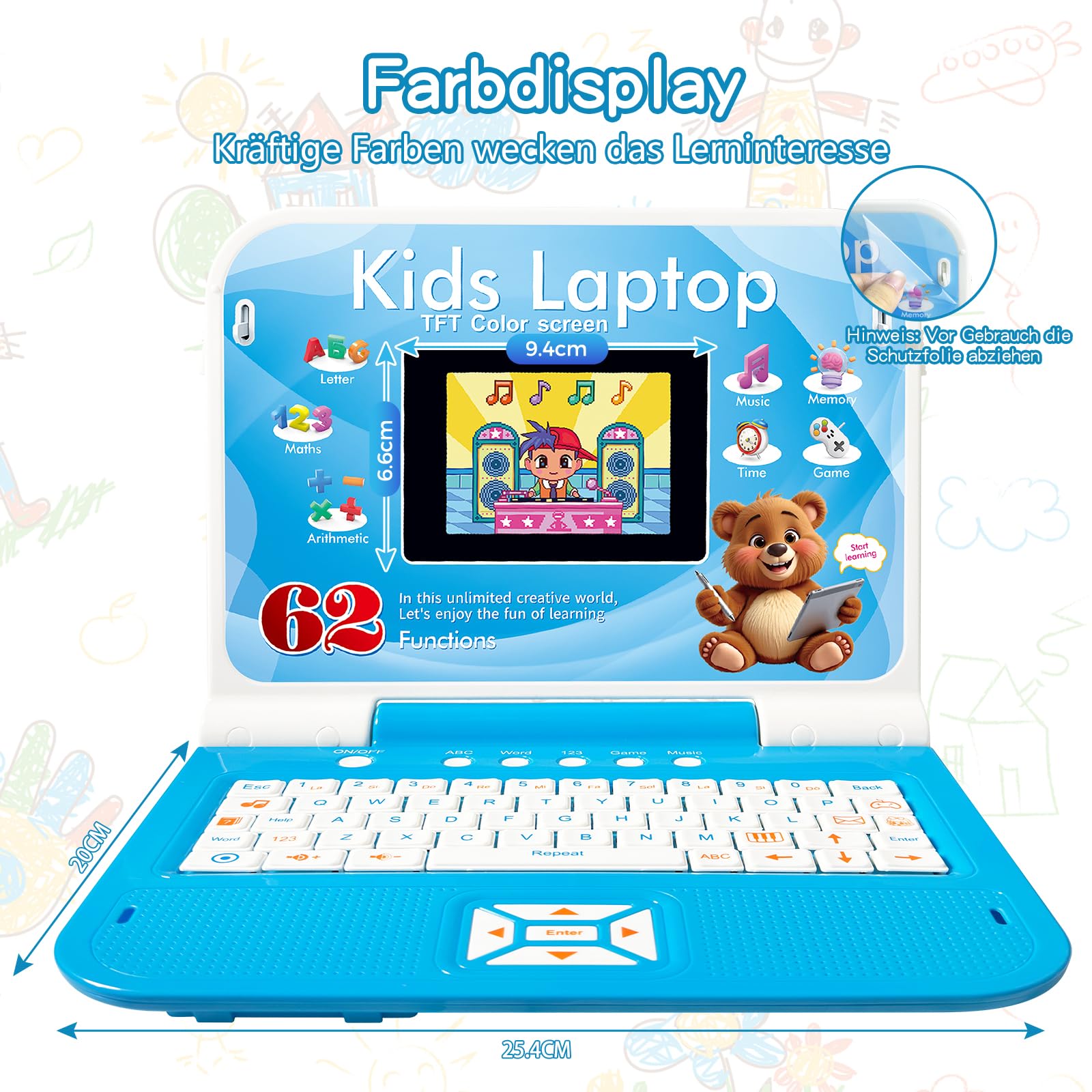 Kinderlaptop Lerncomputer Blau Farbdisplay Maus: Englisch Lernen, 62 Aktivitäten Mathe Spiele, Pädagogisches Geschenk für Mädchen ab 5 Jahre