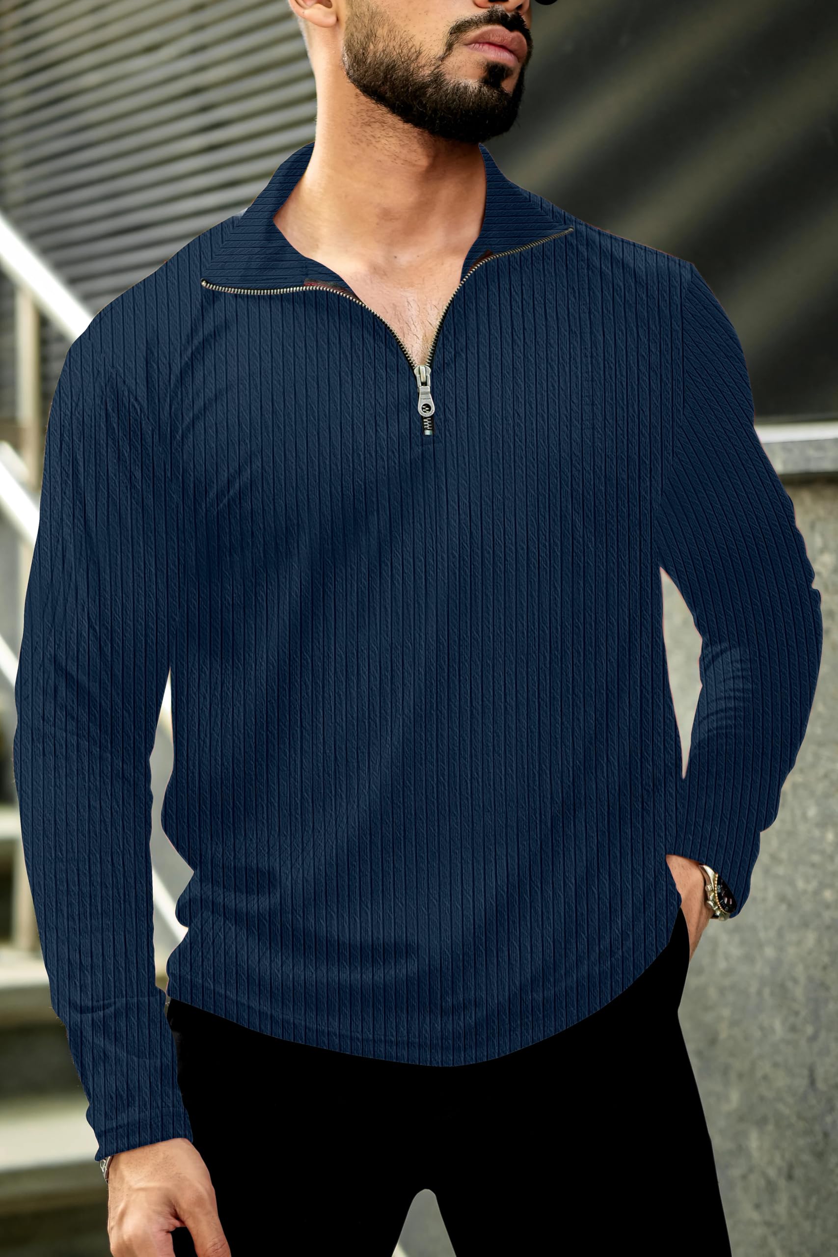 KAJARU Men's Quarter Zip Pullover T-Shirt, Cable Knit Pattern, Full Sleeve (in, Alpha, XL, Airforce) - Image 8 thumbnail