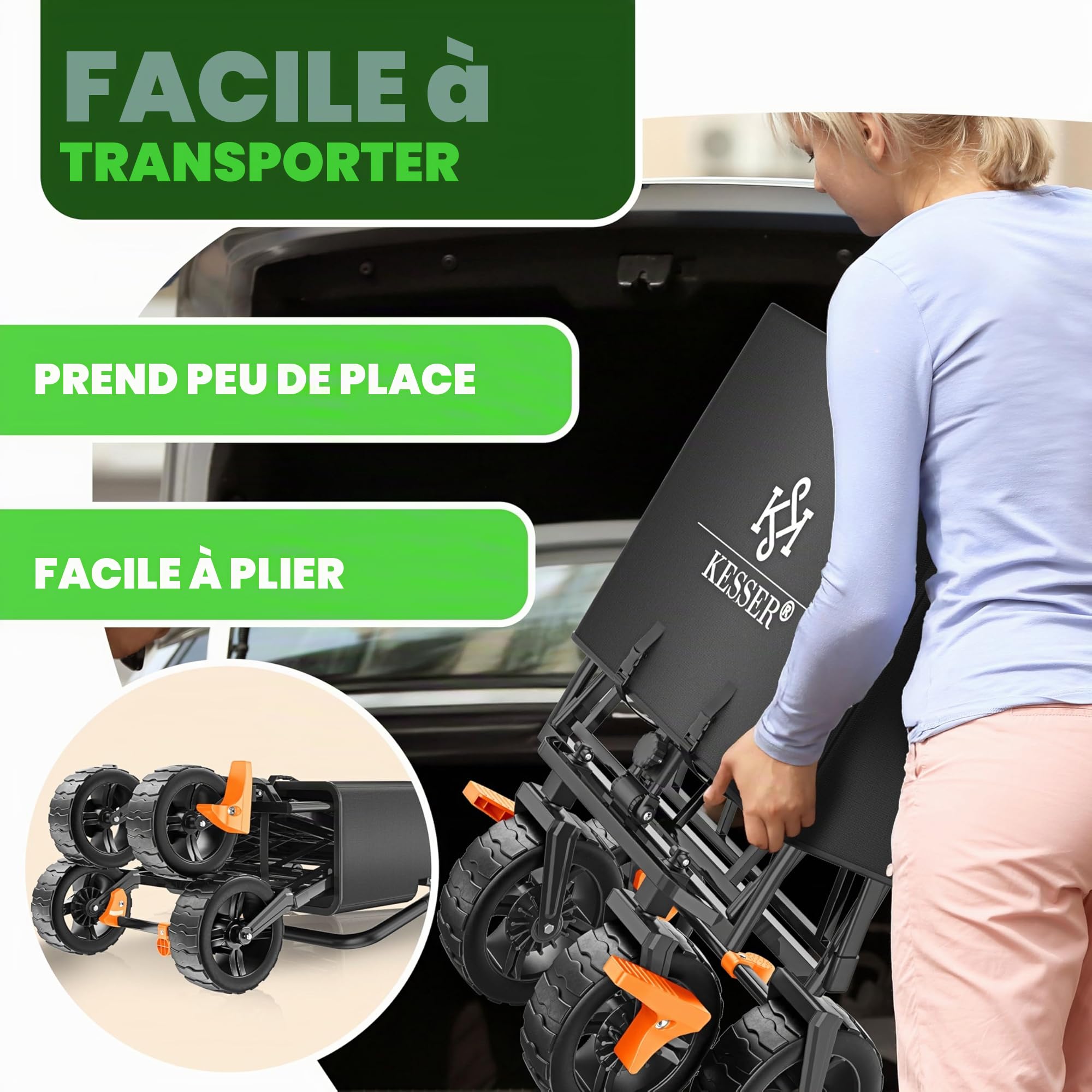 KESSER GT9000 Chariot de transport pliable avec toit - Charge maximale : 150 kg - Avec roues en caoutchouc dur et freins de stationnement (avant et arrière) - Avec serrure, couverture, intempéries et