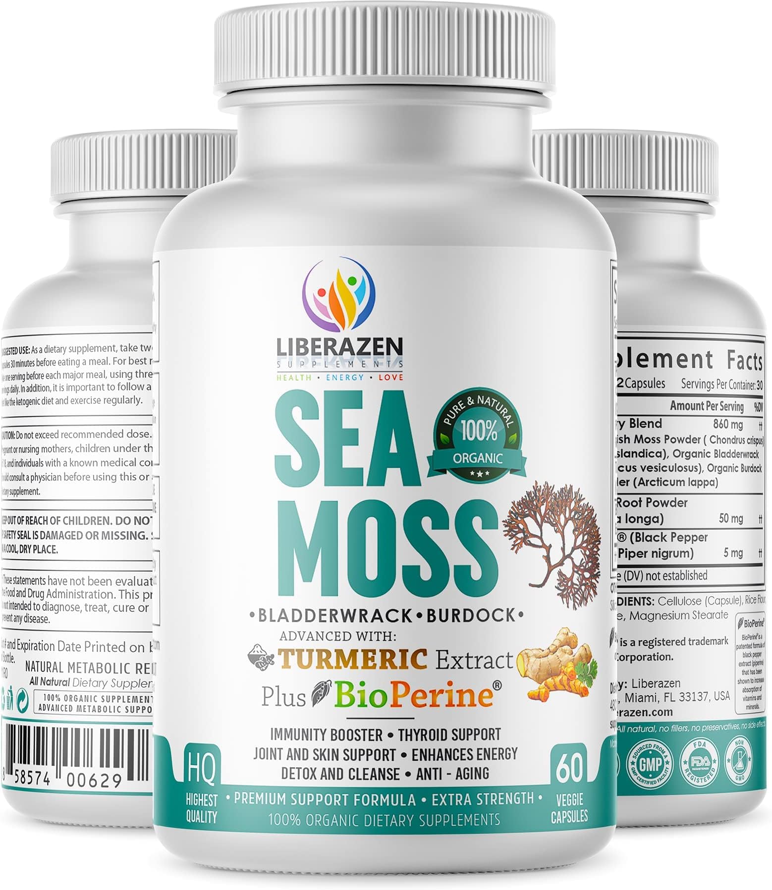 Organic Irish Sea Moss Pills - Wildcrafted Dr Sebi Inspired Seamoss Blend with Turmeric, Burdock Root & Bladderwrack, Enhanced with Black Pepper - 60 Capsules