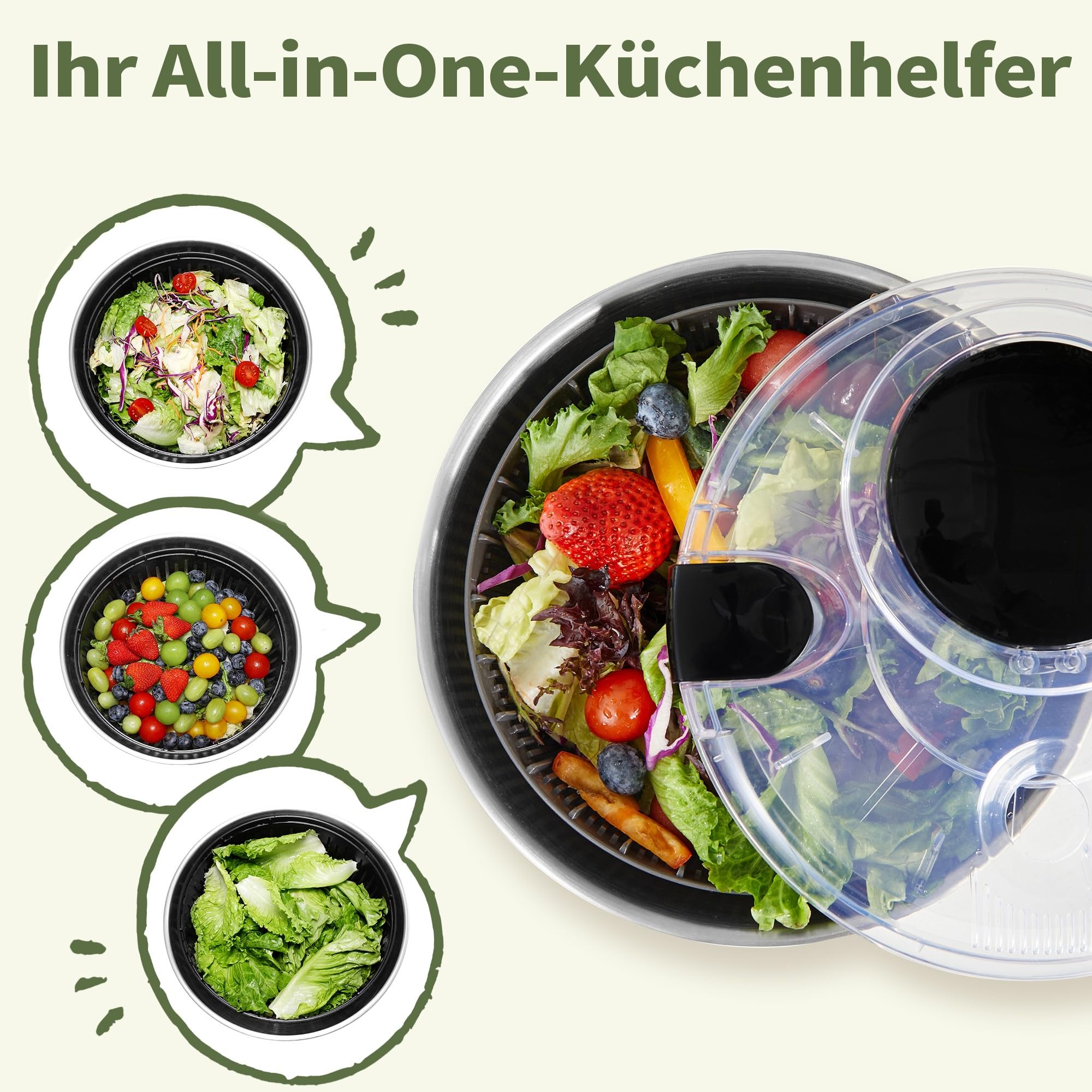 Groß 4,5L Salatschleuder Edelstahl 18/10 Hochwertige mit Transparentem Deckel, Rutschfestem Boden - Salad Spinner mit Kurbelantrieb - BPA-frei & Spülmaschinengeeignet, Schwarz