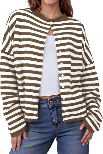 Womens Striped Cardigans Lightweight Casual Button Up Sweaters Long Sleeve Loose Knit Cardigan Sweater Fall Winter