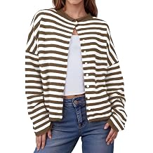 Womens Striped Button Up Cardigan Sweaters Long Sleeve Cozy Knit Tops | Lightweight, Casual Outfit, Oversized Loose Fit, Daily Soft Cardigans, Perfect for Fall Spring, Rolled Collar, Drop Shoulder