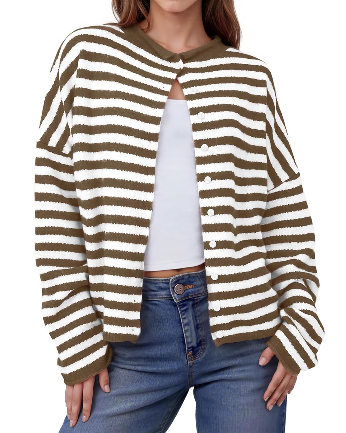 Womens Striped Cardigans Lightweight Casual Button Up Sweaters Long Sleeve Loose Knit Cardigan Sweater Fall Winter