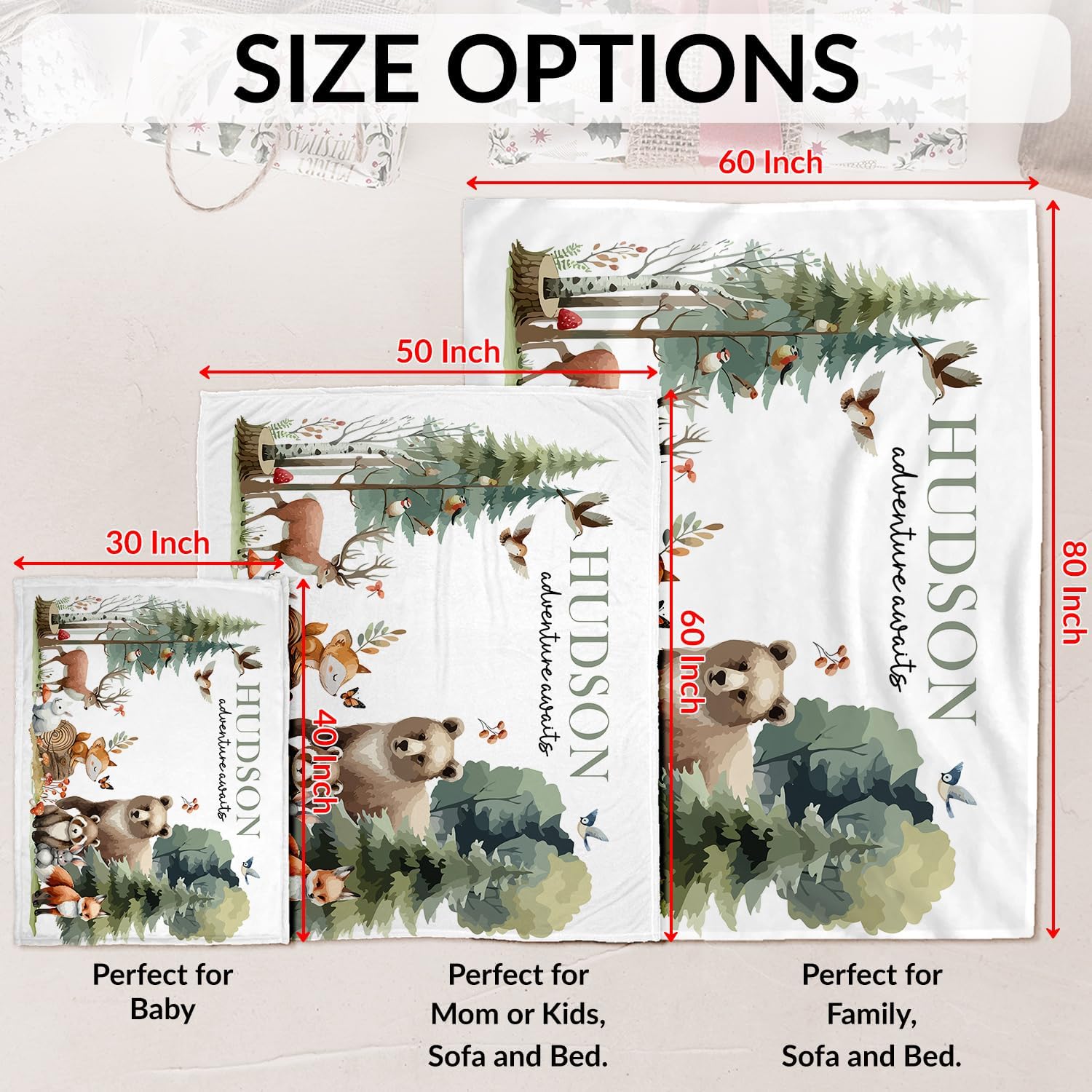 Personalized Baby Name Blanket - Woodland Theme Mountain Forest Decor - Custom Gift for Toddler Birthday - Adventure Awaits