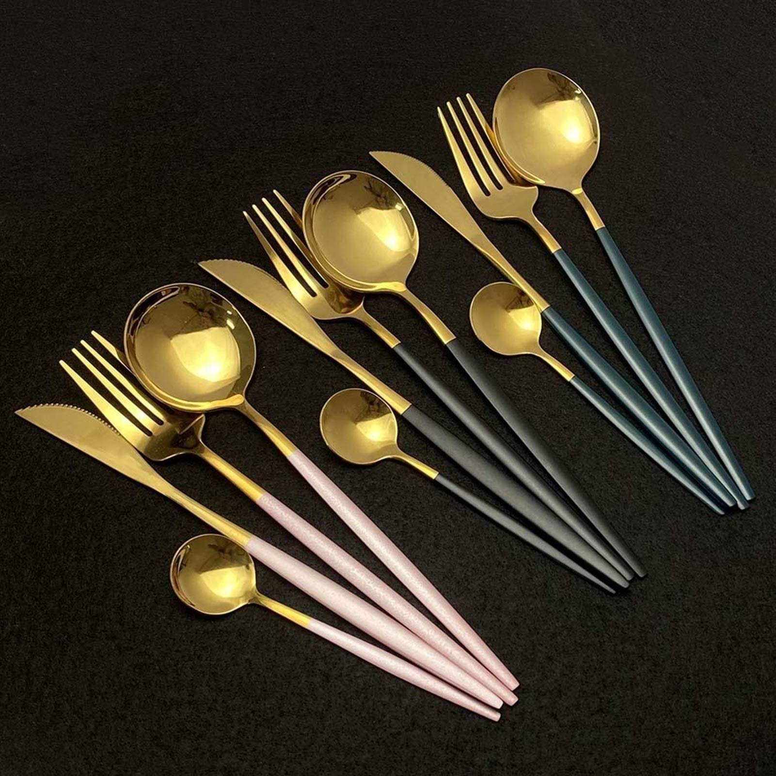 24 unids Gold White Shiny Weaverware Set Cuchillo de acero inoxidable Cuchilla Cuchara Cubiertos Conjunto Cocina Cubiertos Vajilla Conjunto (Color : Green Gold)