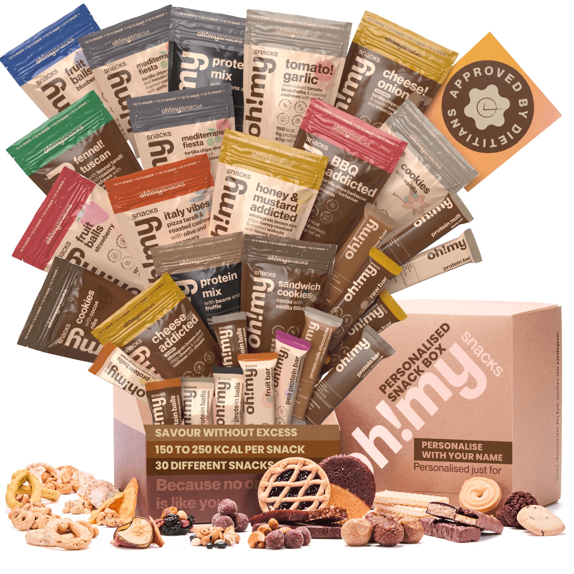 Oh!mysnacks Personalised Healthy Snacks Hamper - Hamper Gifts for Women and Men | Low Calorie Snacks, Protein Bars, Protein Cookies, and More | Treat Box with High Protein Snacks (30 Snacks)