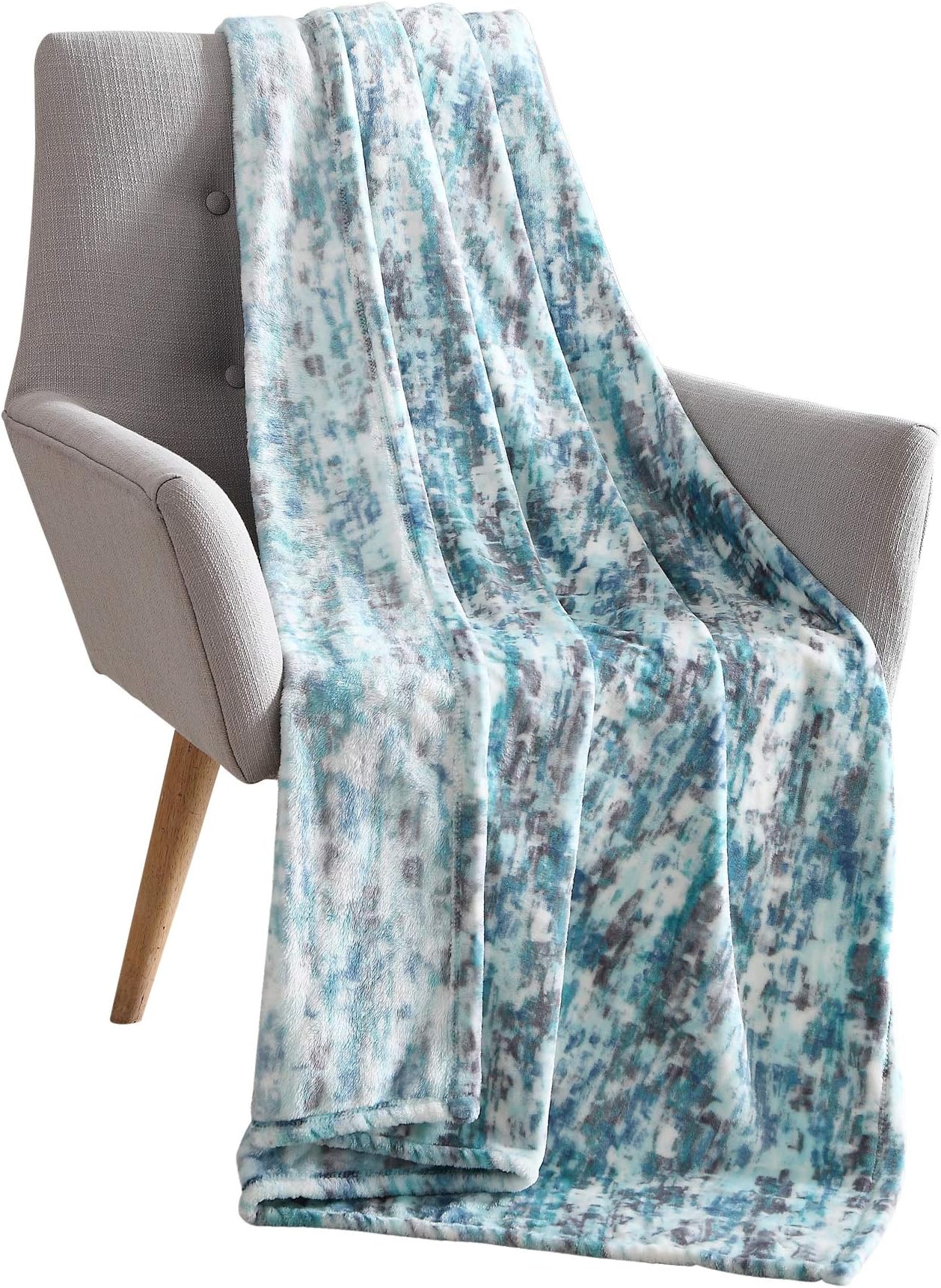 Decorative Hues of Blue Throw Blanket: Soft Plush Velvet Fleece Abstract Rain Accent for Sofa Chair Couch Bed or Dorm, Colored: Teal Blue Aqua Turquoise Grey White