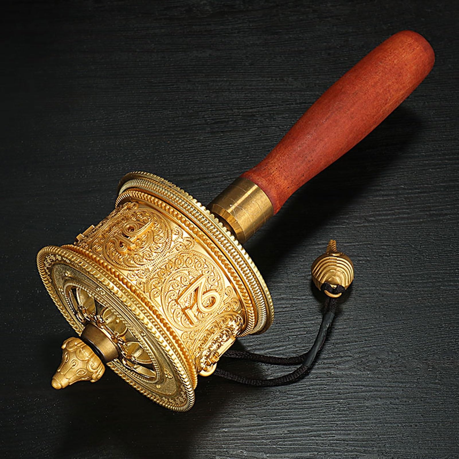 Rueda de oración tibetana, Rueda de oración tibetana con manivela, mantra de seis palabras Kuan Yin, mango de madera dorado, 21 cm