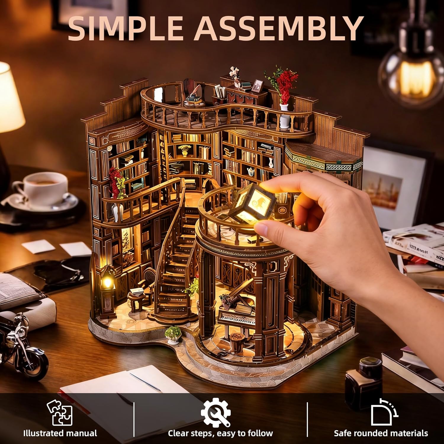 CRIOLPO Book Nook Kit for Adults, 3D Wooden Puzzle DIY Doll House Kit with LED Lights Creative Bookshelf Insert Decor Booknook Model Kit Ideal Arts and Crafts Gift for Teens and Adults