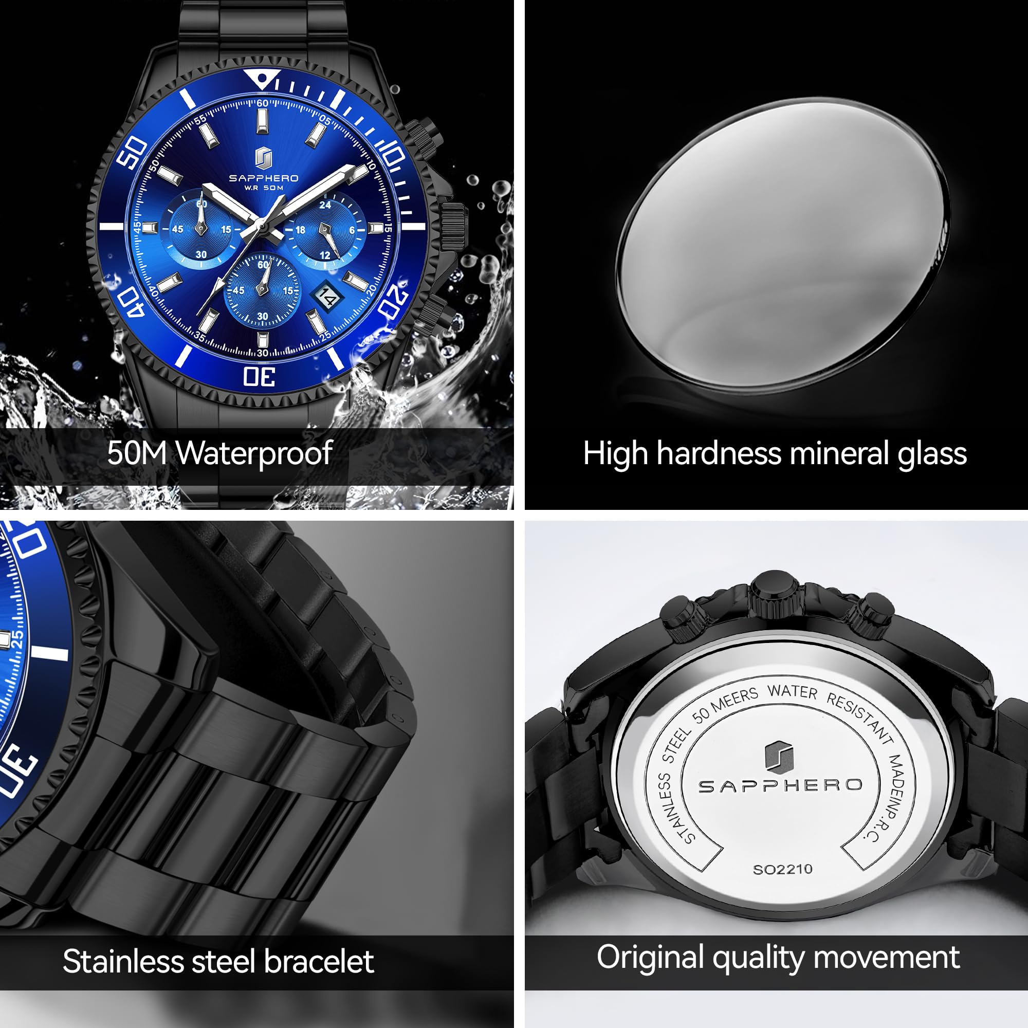SAPPHERO Orologio Uomo Analogico Al Quarzo Cronografo 50M Impermeabile Moda Sportivo Elegante Classico Orologio da Polso Uomo Cinturino in Acciaio Regalo per Uomo