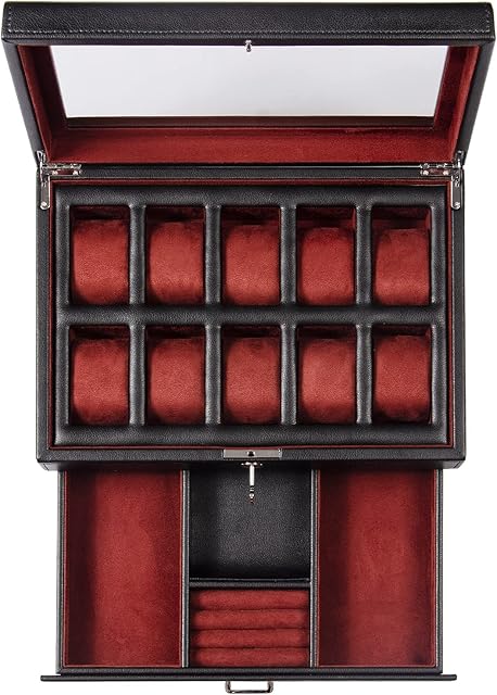 HELMDY Leather Watch Box with Drawer-10 Slots Locking Jewelry Watches Holder for Men-Luxury Watch Case Display Organizer-2 Tier Organizer Watch Showcase-Storage Case to Hold 10 Watches (Black)