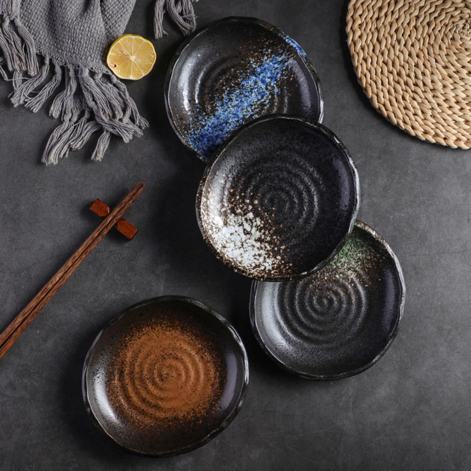 Keramik-Essteller-Set, 7 Zoll-unregelmäßige Form-Geschirr-Sushi-Snack-Teller, 4er-Set, Kratzfest, Geriffeltes Porzellan, Geeignet für Steak, Pasta, Pizza, Zuhause, Party, Restaurant,Green